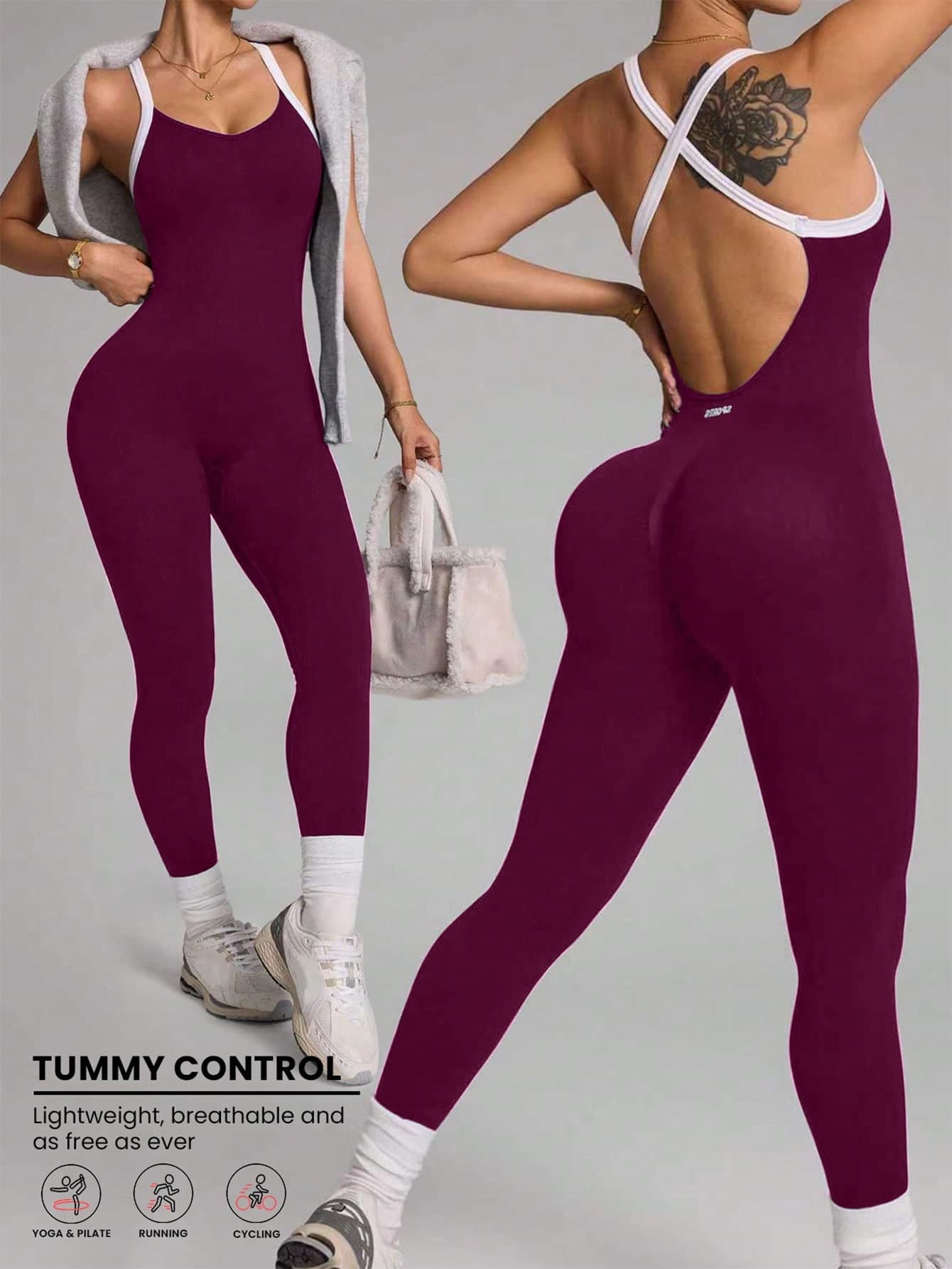 SHEIN Dewbera Women's Seamless Criss-Cross Strap Colorblock Running Sports Jumpsuit