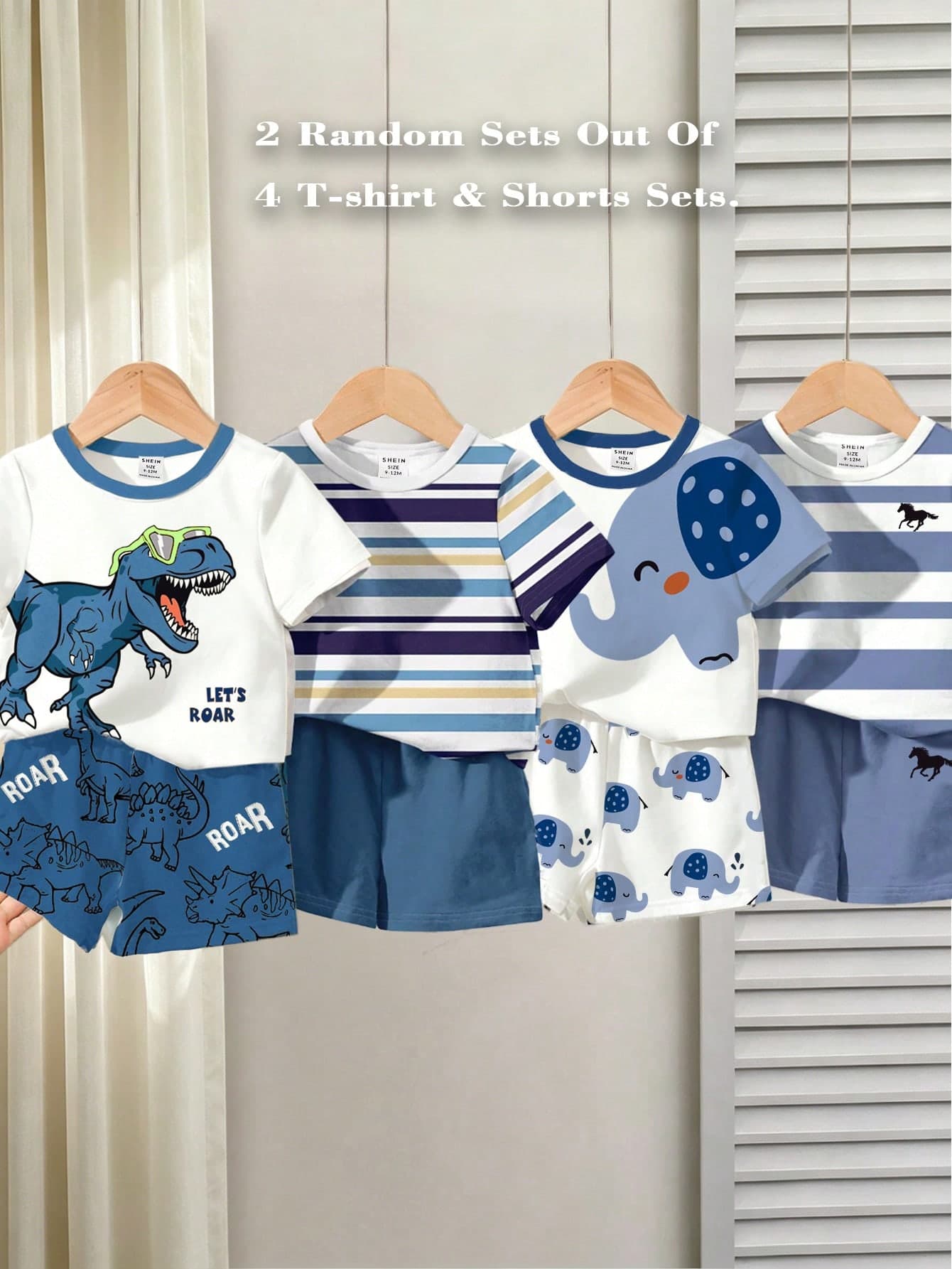 SHEIN Random 4 Sets Get 2 Set , Baby Boy Dinosaur Print Crew Neck T-Shirt With Print Shorts, Striped Print With Shorts