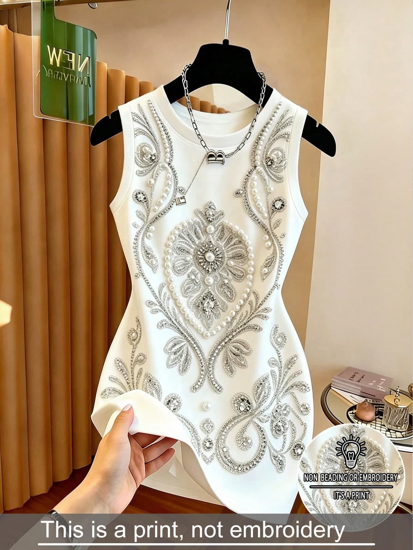 Resyla Women's Mid-Length Dress, Baroque Style White Fitted Dress, Sleeveless Round Neck, Elegant Versatile, Suitable For Cocktail Parties And Wedding Guest Attire