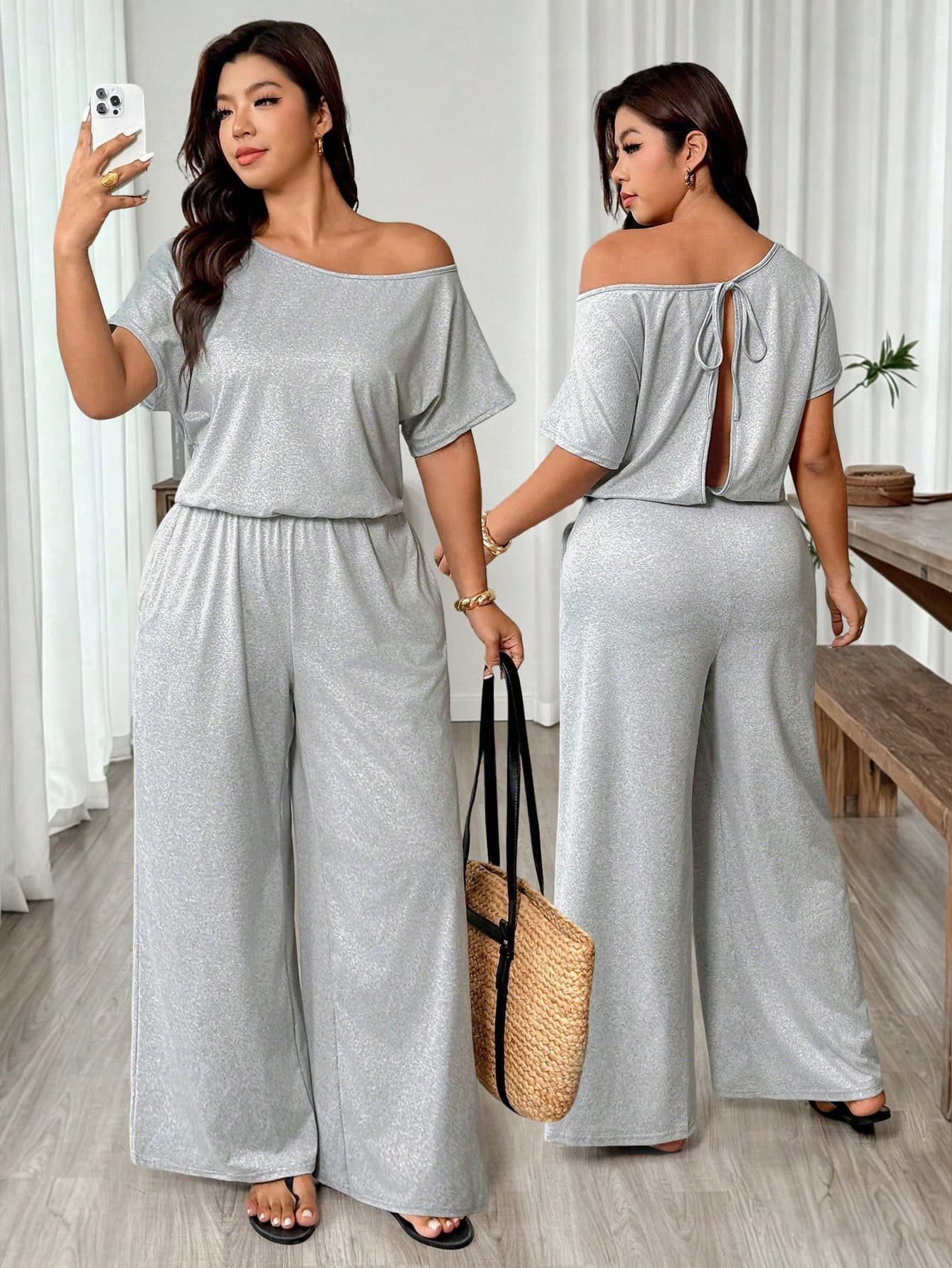 Weeklong Plus Size Women's Asymmetric Neck Cinched Waist Bowknot Back Pocketed Knit Jumpsuit, Comfortable For Casual Outing Holiday Formal Holiday Gray Summer