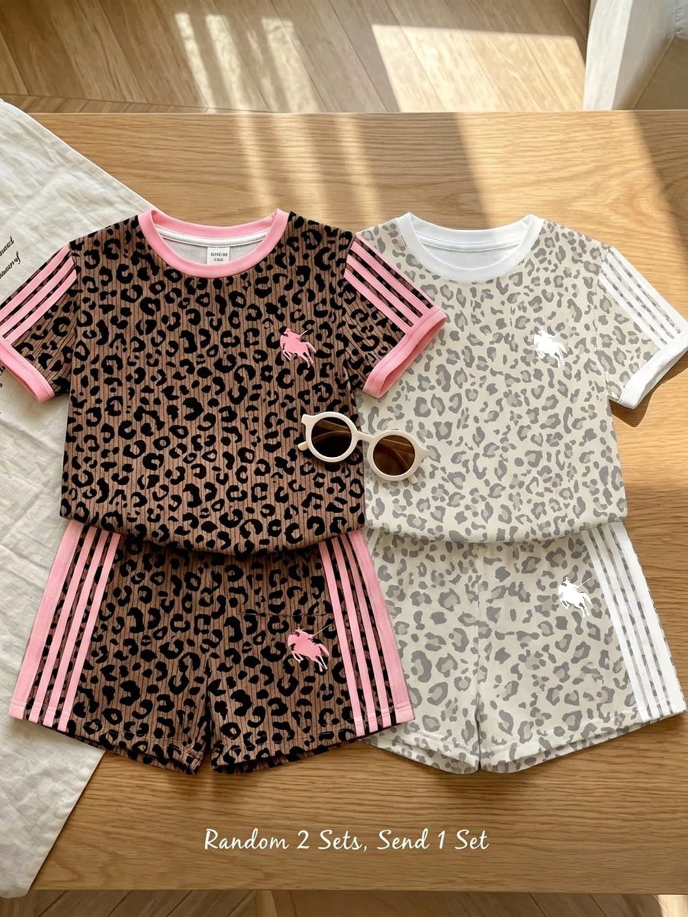 Cute Vintage Fashion Leopard Print Colorblock Striped, Young Girl Casual Comfortable Crew Neck Short Sleeve T-Shirt And Shorts Set 2 Pieces Suitable For Spring/Summer Daily, Holiday, Outing, Campus, Sports, Homecoming, Back To School