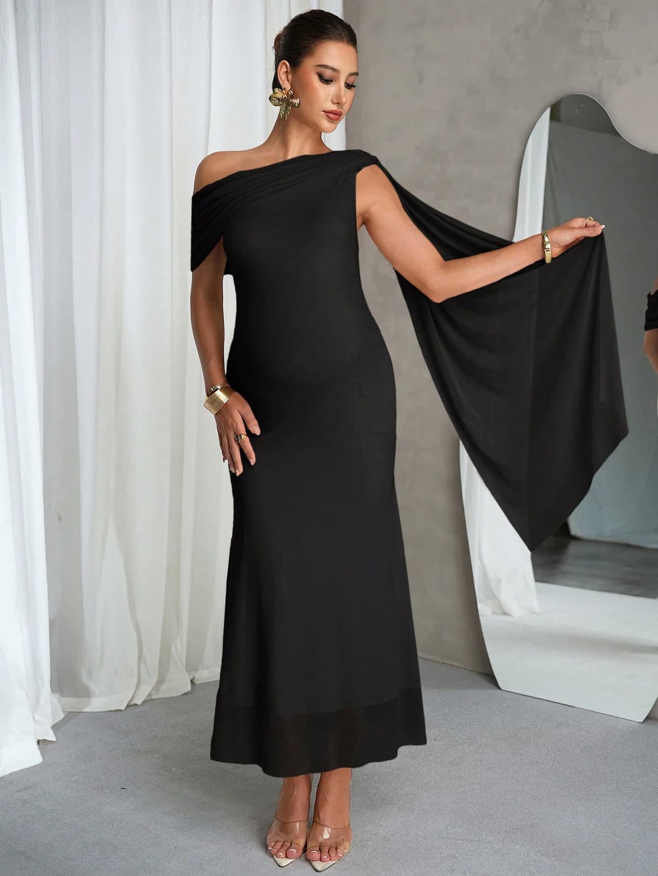 MaterniChic Maternity Pure Black Asymmetrical Shoulder Ribbon Design Fashion Elegant Dress