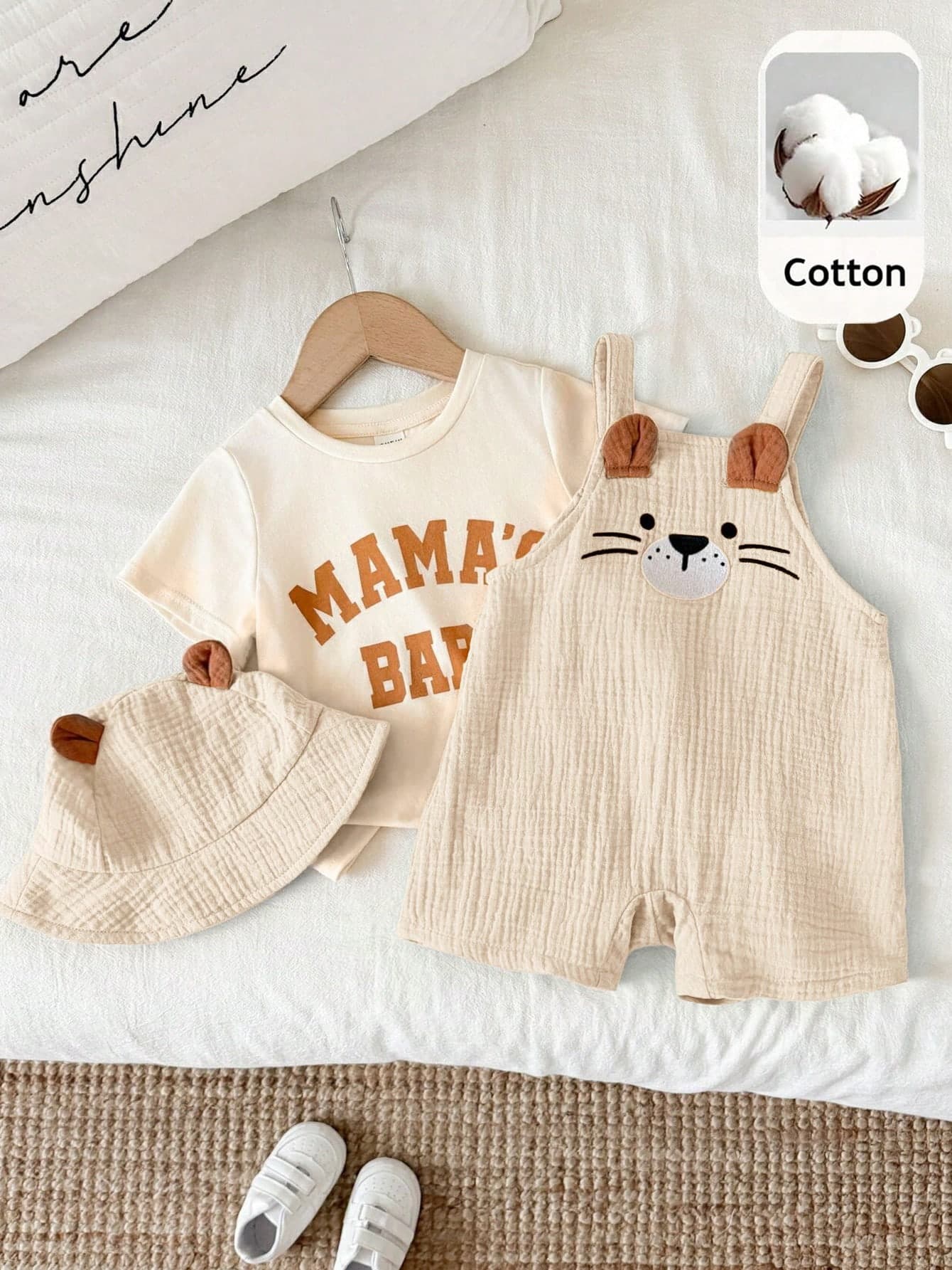 SHEIN Unisex Newborn Baby Boy/Girl 100% Cotton 2pcs Spring/Summer Cute Little Lion Design Crinkle Fabric 3D Shorts Suspender Pants And Hat Set, Baby Rompers, Baby Summer Outfit, Baby Summer Clothes
