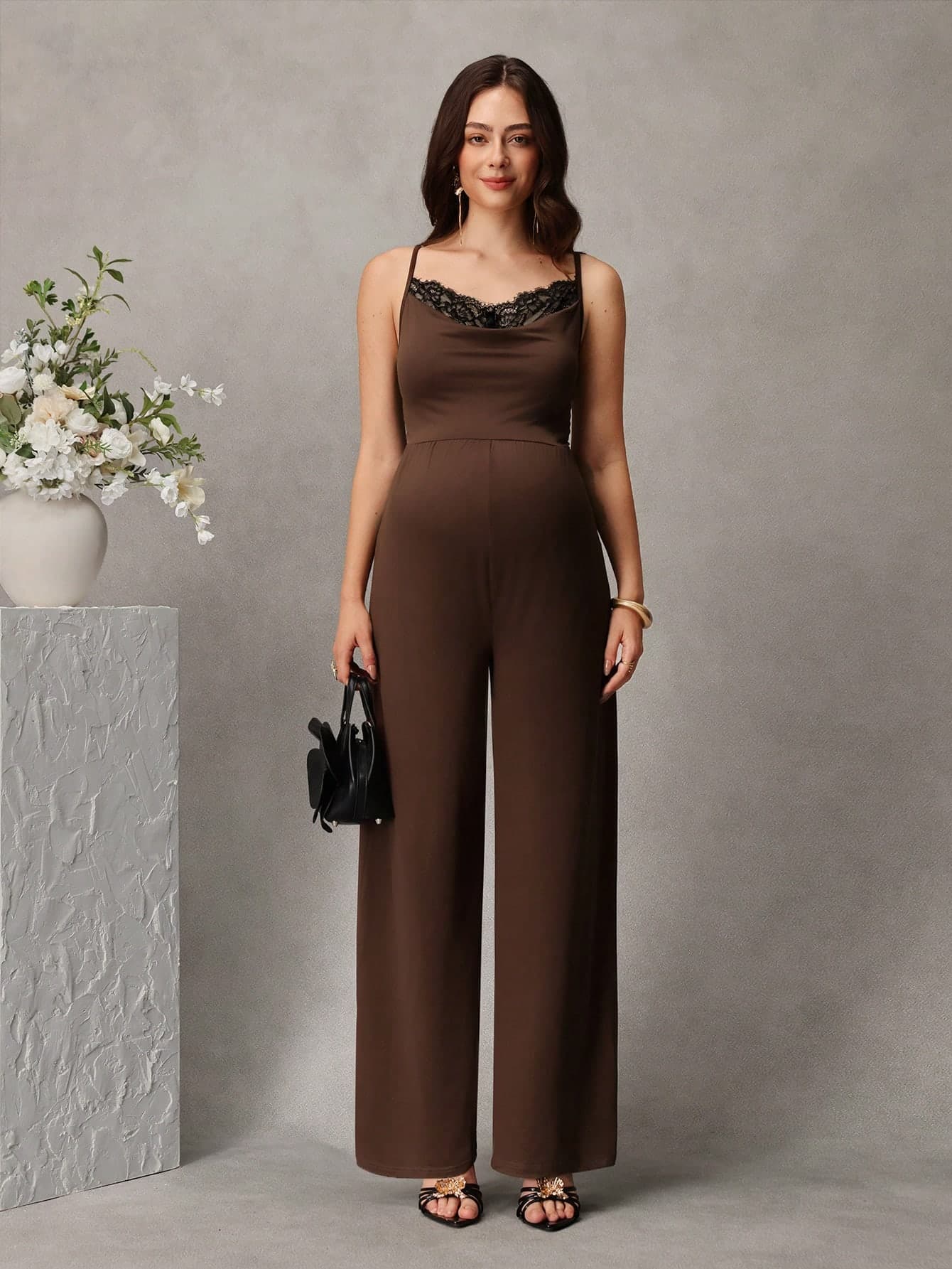 Momance Coffee Brown Lace Cami Jumpsuit, Spaghetti Strap Design, V-Neck Lace Patchwork, High Waist Cinched, Wide Leg Pants, Elegant And Sexy, Photoshoot