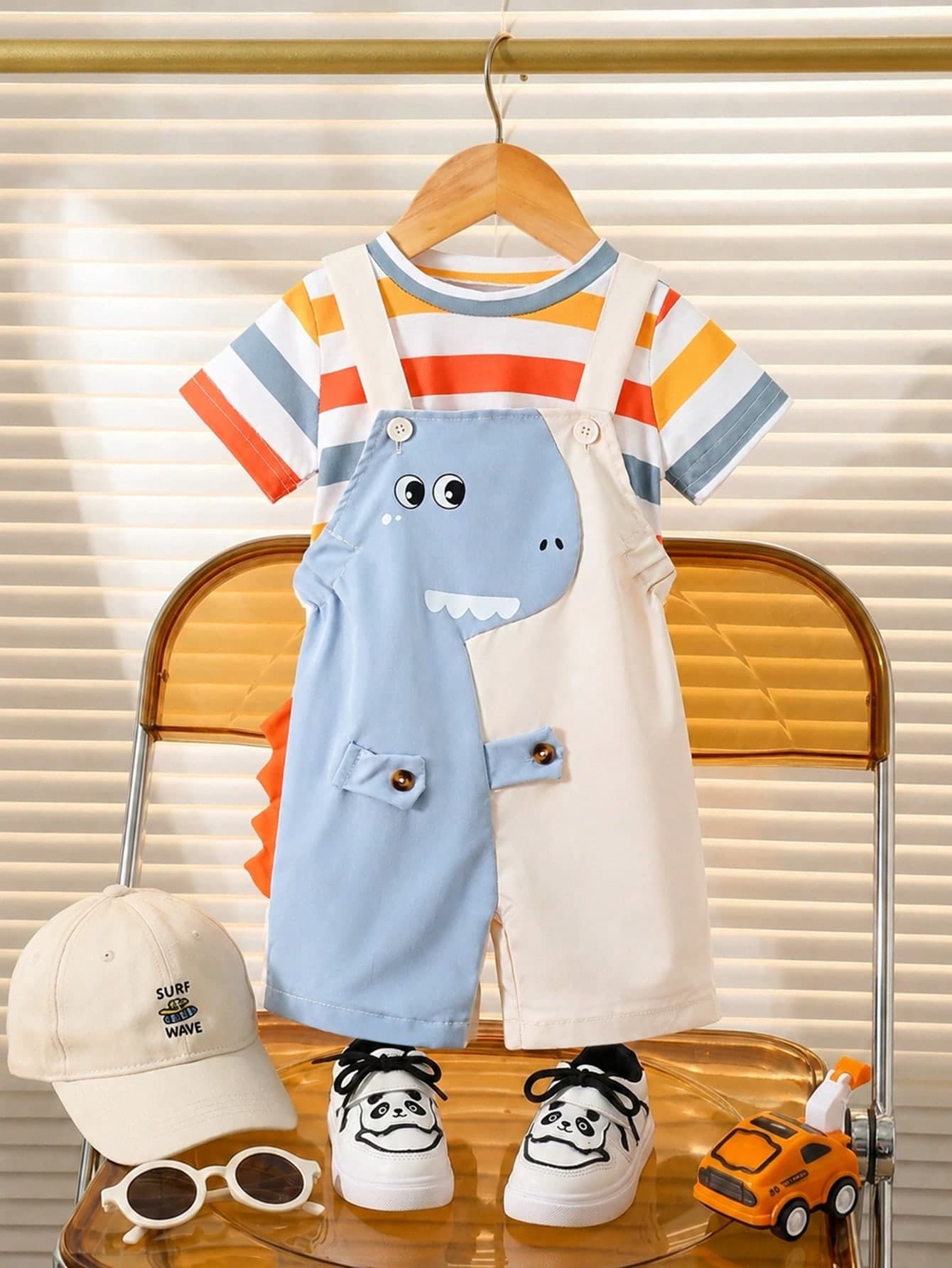 SHEIN Playful Pals 2pcs Toddler Baby Boy Summer Clothes Cute Striped Dinosaur Graphic Tee Short Sleeve Soft Romper Sets Shorts Pants Outfits Vacation Beach Casual Outfit