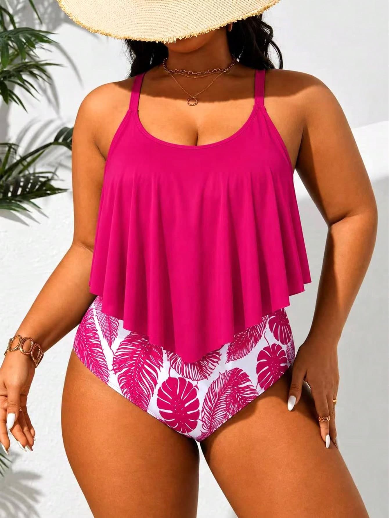 Swim Lushoire Women's Plus Size Sun Beach Vacation Print One-Piece Swimsuit Pink Summer