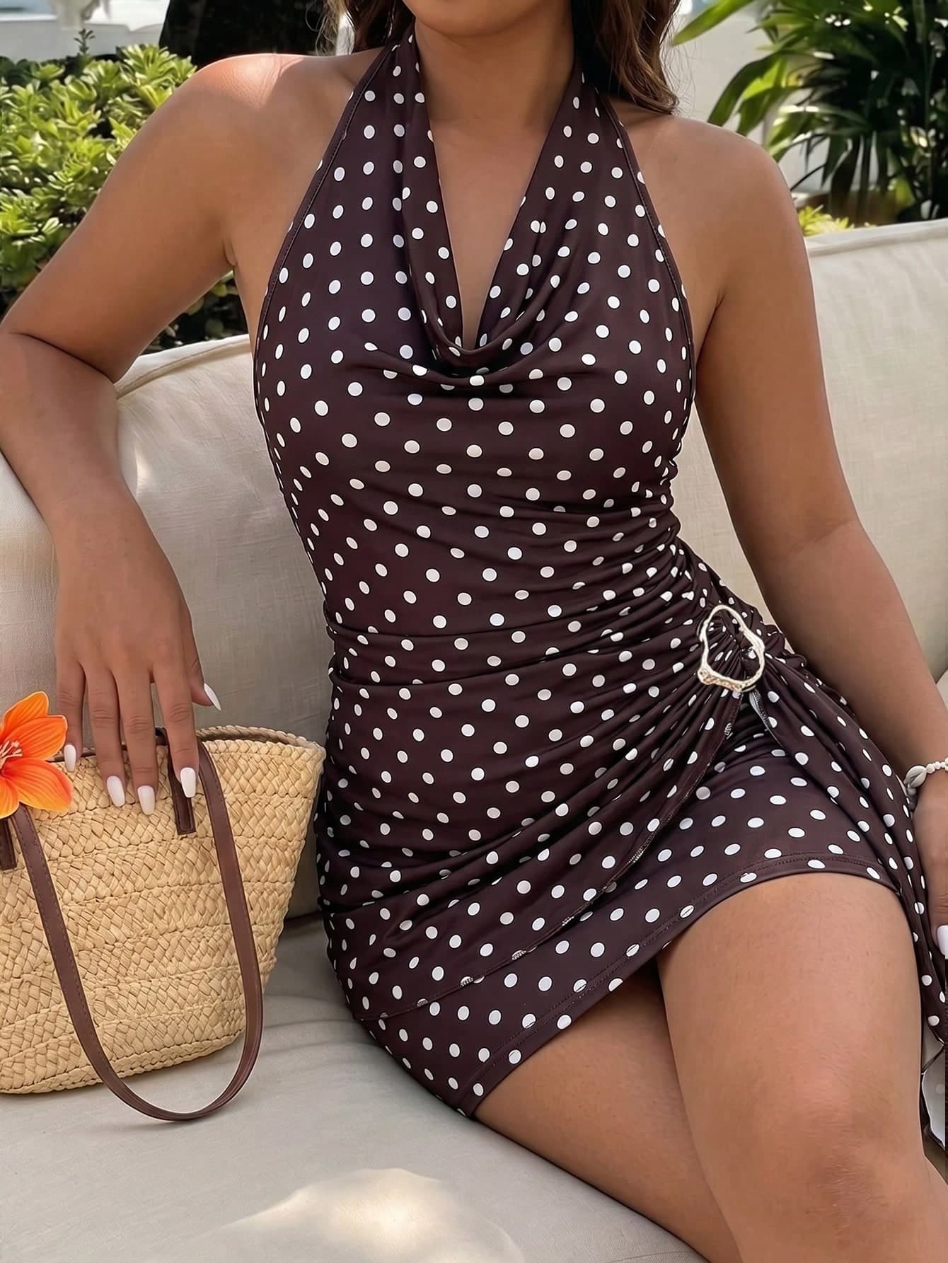 Sunnyshic Summer New Coffee Color Polka Dot Draped Neck Ruffle Pleated Cinched Waist Ribbon Metal Ring Pure Desire Style Hot Girl Dress