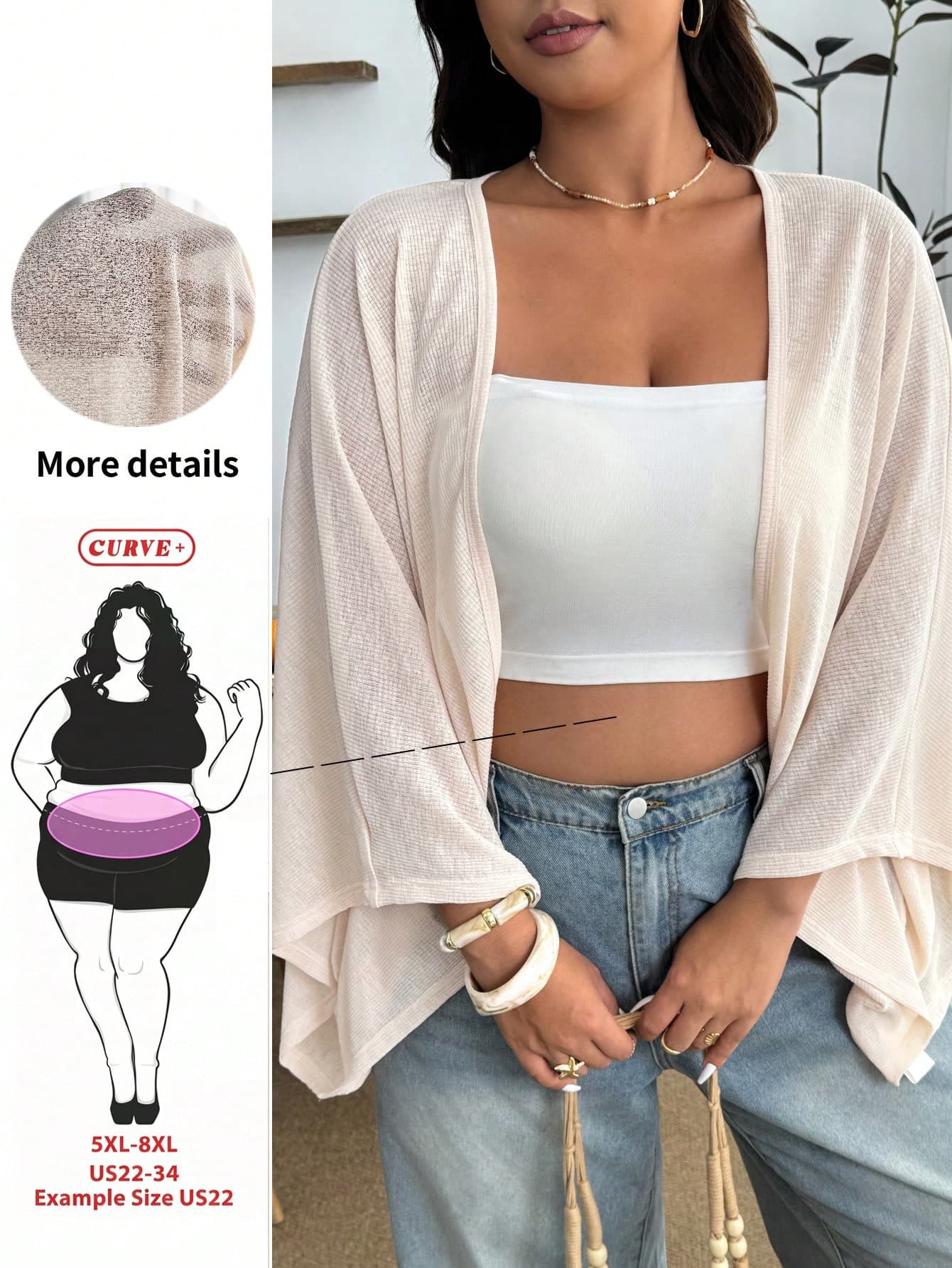 SHEIN CURVE+ Plus Size Women's White Cardigan Shawl, Suitable For Vacation, Daily Wear And Summer Beachwear, Women's Lightweight Cardigan, Women's Short Shawl, Women's Kimono Top Plus Size Shawl