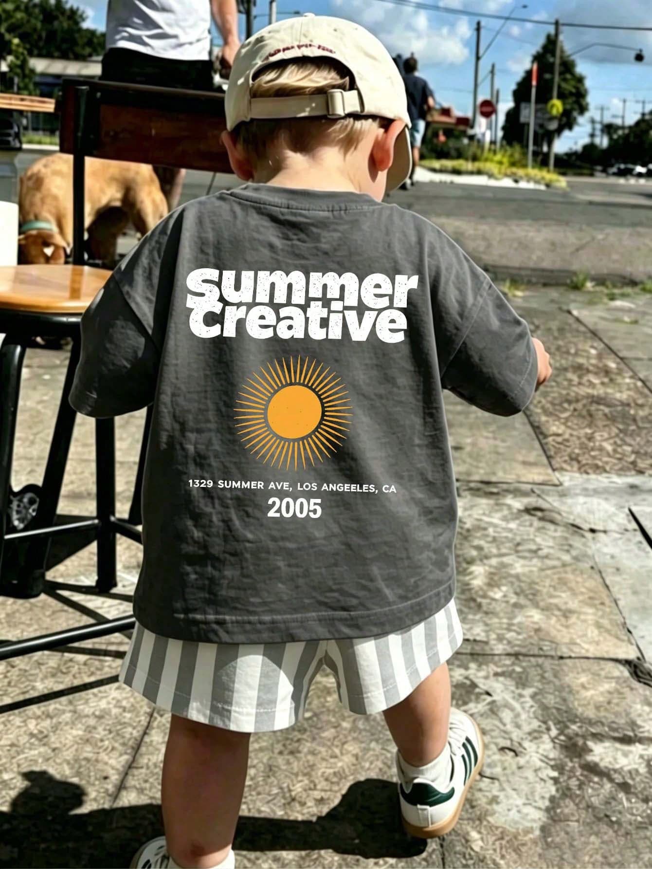 SHEIN Playful Pals 1 Set Baby Boys Casual Letter And Sun Print Crew Neck Short Sleeve T-Shirt And Matching Striped Print Shorts Set, Summer Outfits Suitable For Outings