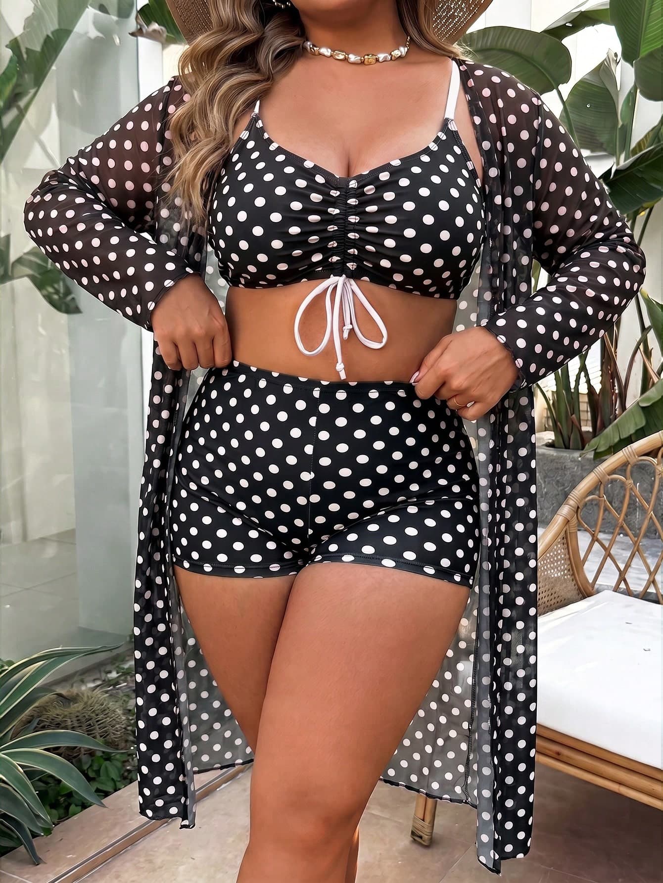 Swim Lushoire Plus Size 3 Pieces Set Drawstring Digital Print Swimsuit With Long Sleeve Mid-Length Cardigan Beach Kimono Casual Vacation Swimwear Set