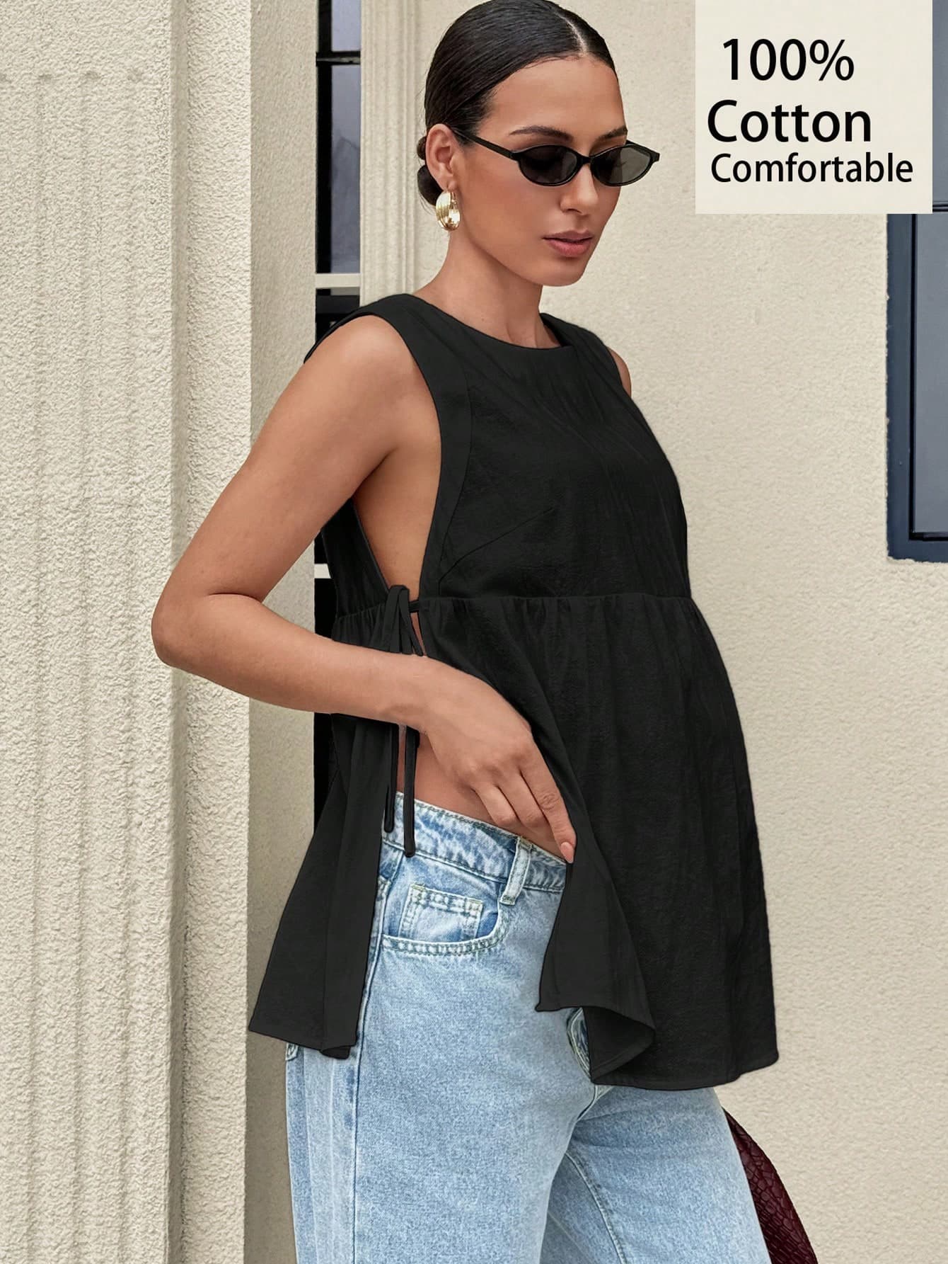 MaterniWear Maternity Vacation Solid Color Casual Pleated Tie-Up Round Neck Fashion Tank Top Black Summer