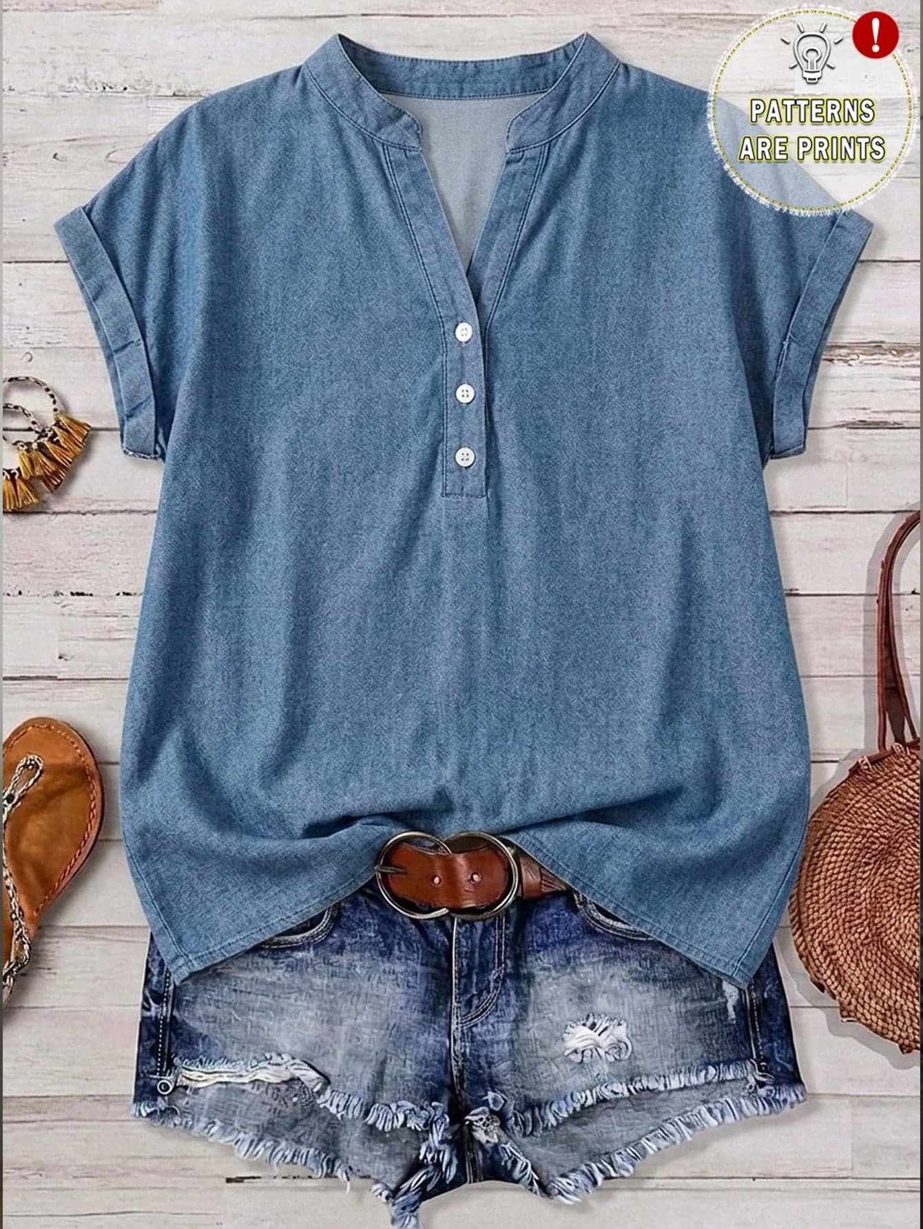 EMERY ROSE Women's Shirt, Casual Minimalist Denim Pattern Romantic Vintage Print Pattern, Women's Formal Shirt, Women's Commuter Outfit, Music Festival, Beach Outfit, Vacation Outfit, Women's Summer Outfit
