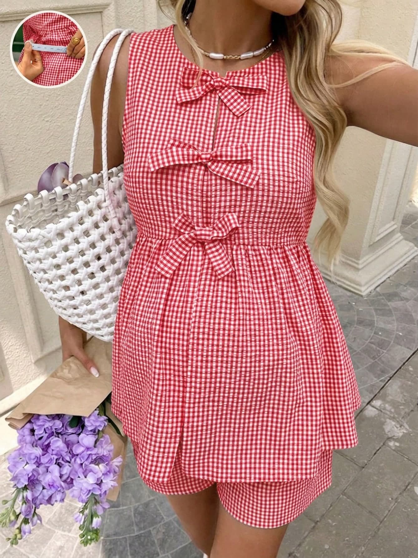 Lyckli Maternity Plaid Bow Decor Sleeveless Shirt And Adjustable Waist Shorts Casual Two Pieces Set
