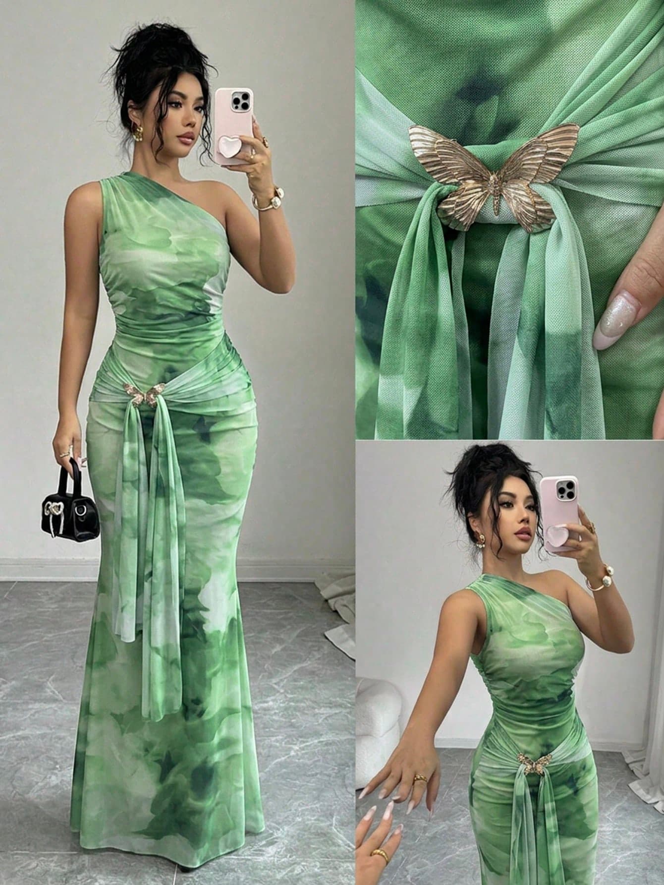 Elenzga Women's Spring/Summer Romantic Vacation Green Mesh Digital Print Asymmetric Shoulder Sleeveless Fitted Bodycon Dress With Metal Butterfly Decor