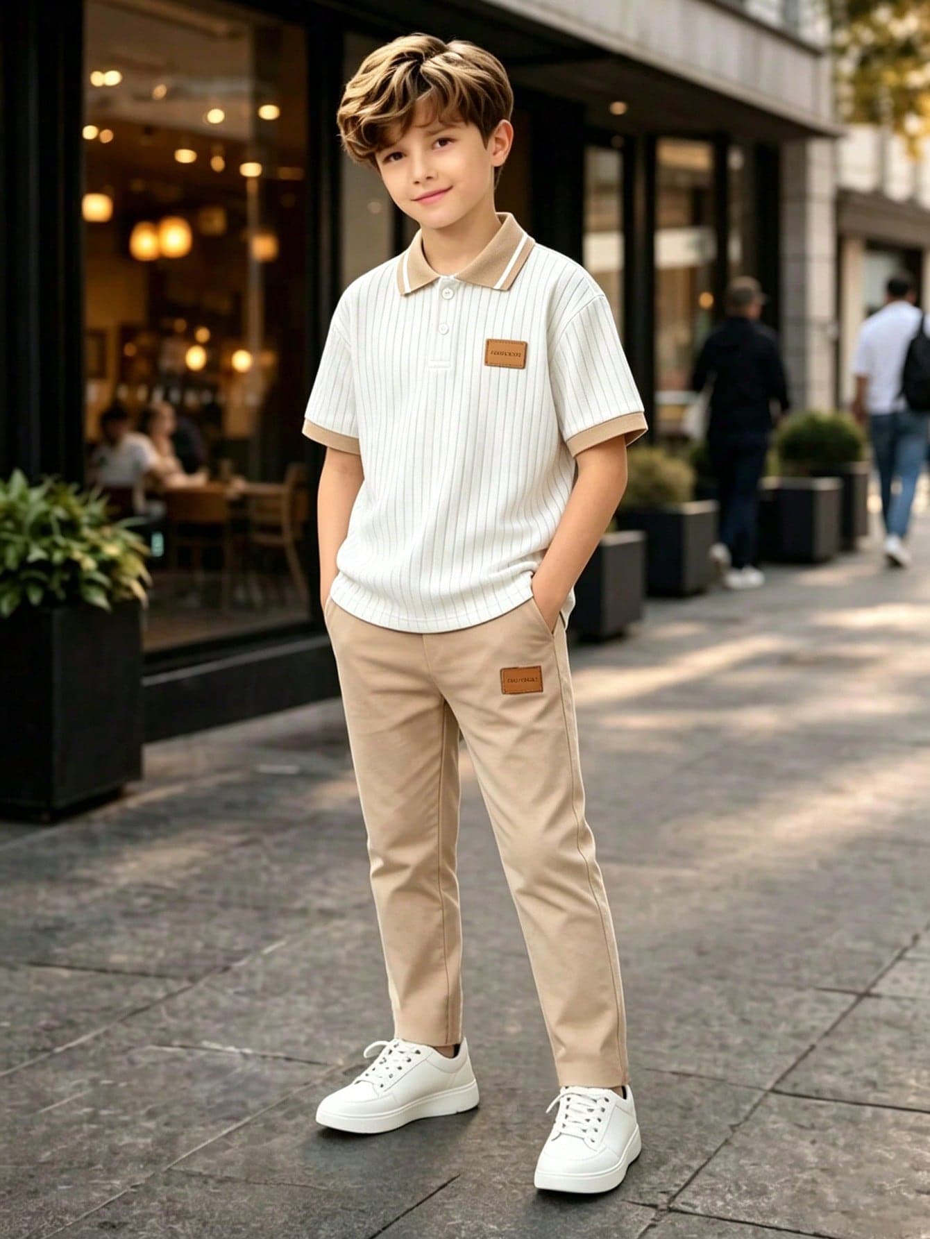 SHEIN 2pcs Tween Boy Gentleman Set Short Sleeve POLO Shirt + Long Pants Dress Pants Set Elegant Modest Formal Wear Birthday Party Blue And White Striped