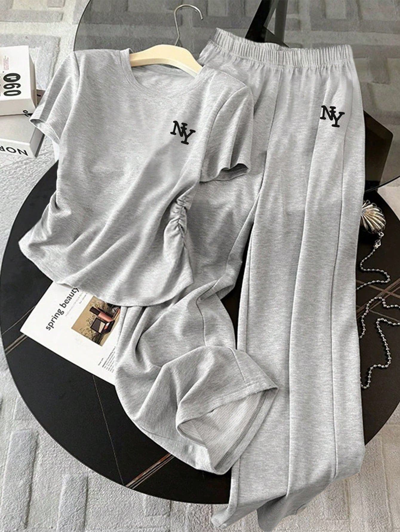 Resyla Women's Letter Print Round Neck Short Sleeve Top And Long Pants 2 Pieces Set