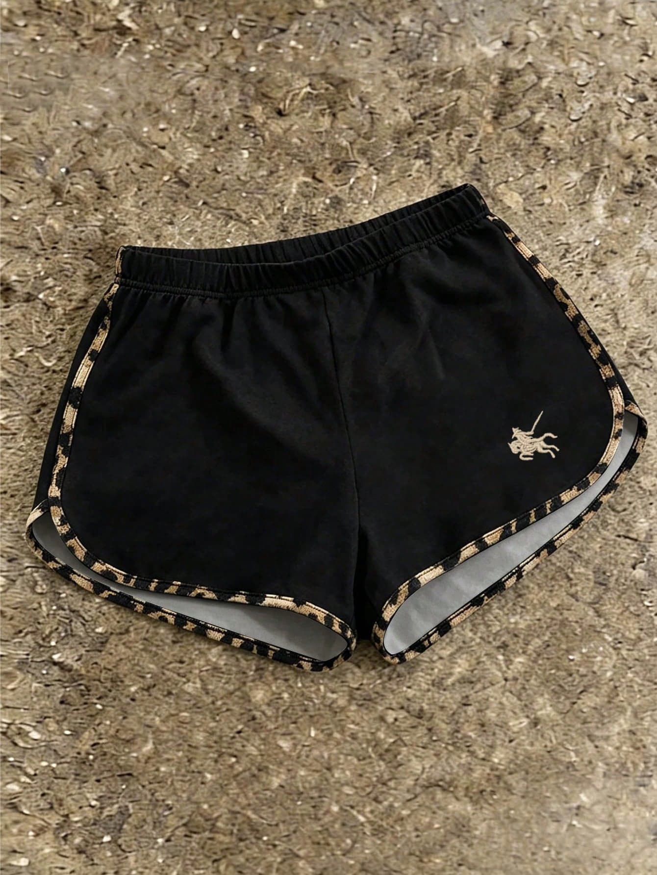 IslaSuriya Women's Leopard Print Trim Elastic Waist Loose Casual Shorts