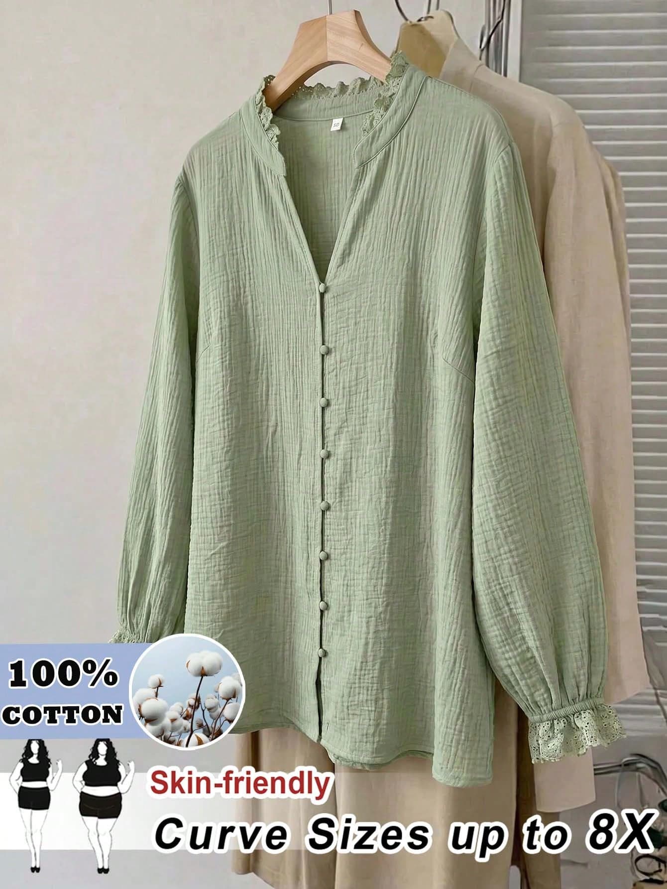 SHEIN CURVE+ Plus Size Women's Casual, Vacation, Daily Commute Solid Color Ruffle V-Neck Loose Blouse, Spring/Autumn Fall