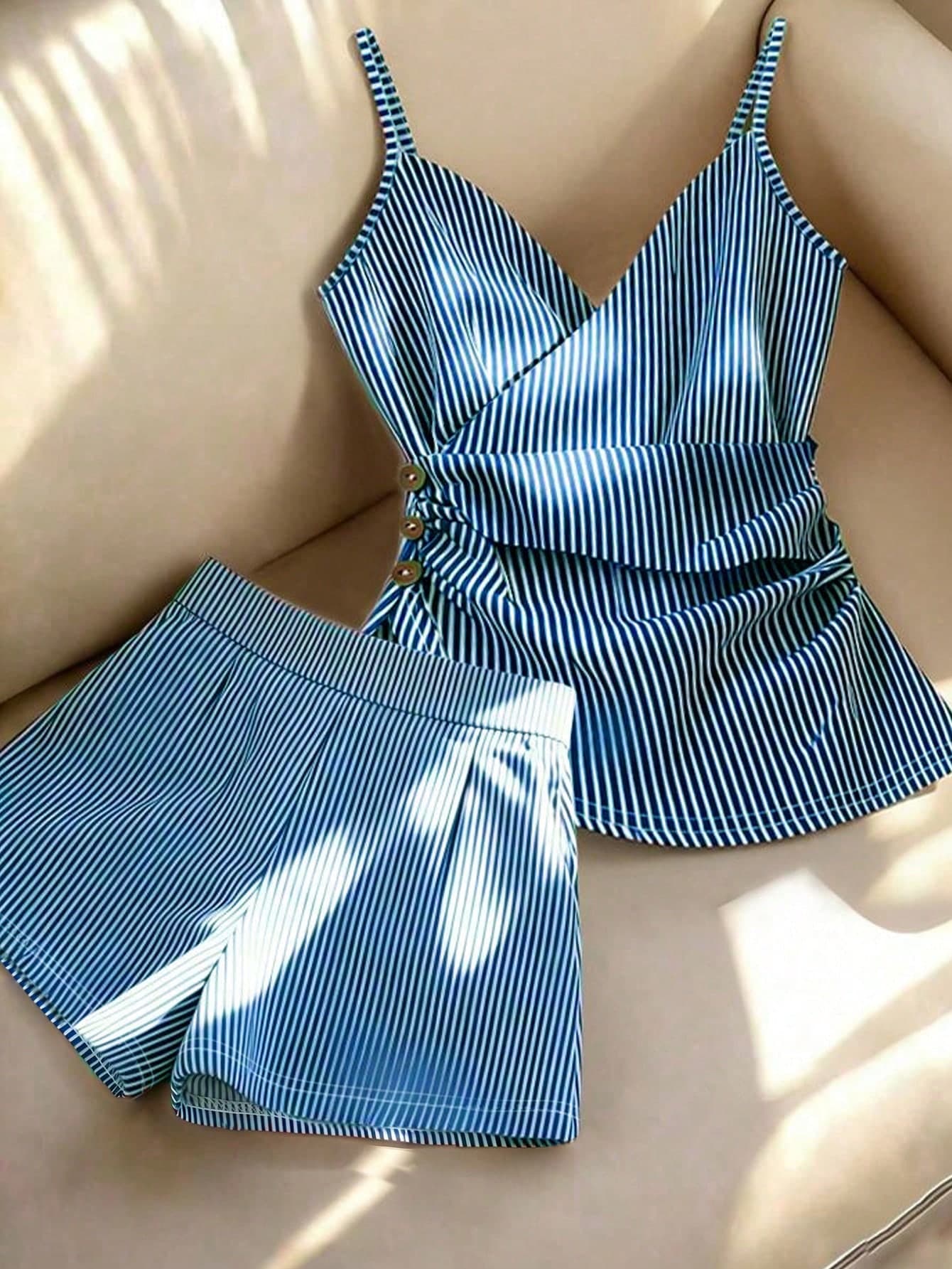 SHEIN Franclia 2pcs/Set Women's High-End Striped Ruffle Button-Up Blouse & Shorts,Sleeveless Top,Navy And White,Summer,Casual,Vacation,Holiday,Y2K Beach Outfit