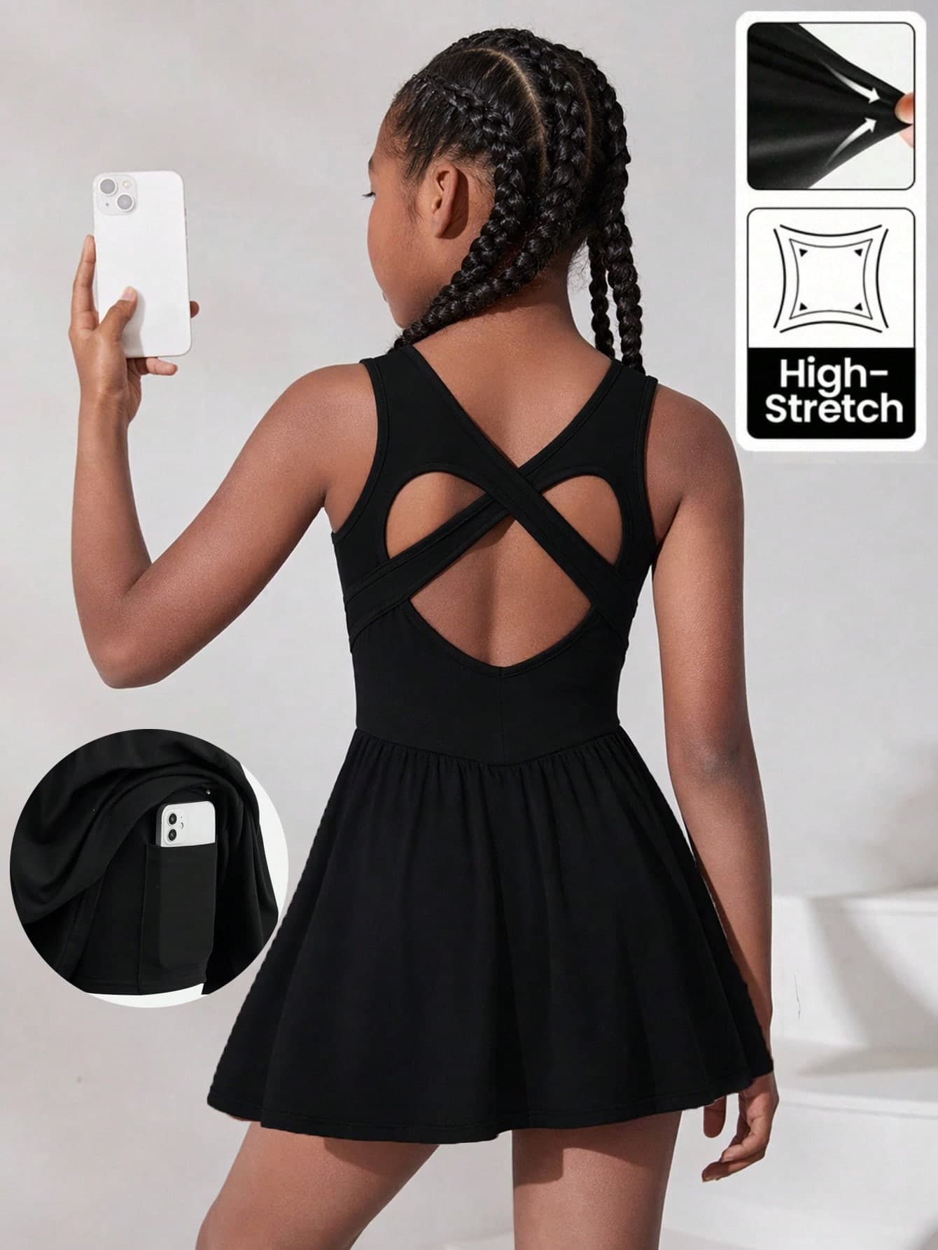 SHEIN Tween Girl Tween Girl Tween Girl Casual Sports Solid Color Crisscross Tank Style Sports Dress With Built-In Shorts