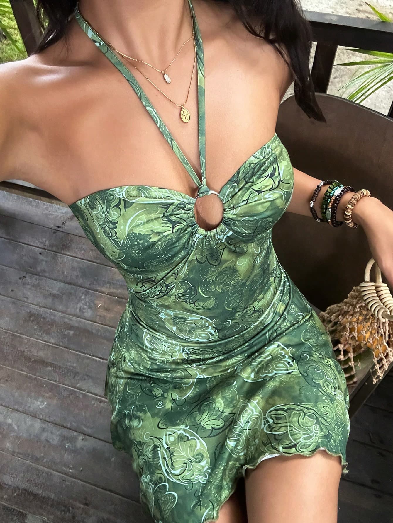 Sunnyshic Women's Spring/Summer Vacation Casual Daily Street Party Versatile Bohemian Paisley Waist-Defining Asymmetrical Hem Halter Neck Bow Mini Dress