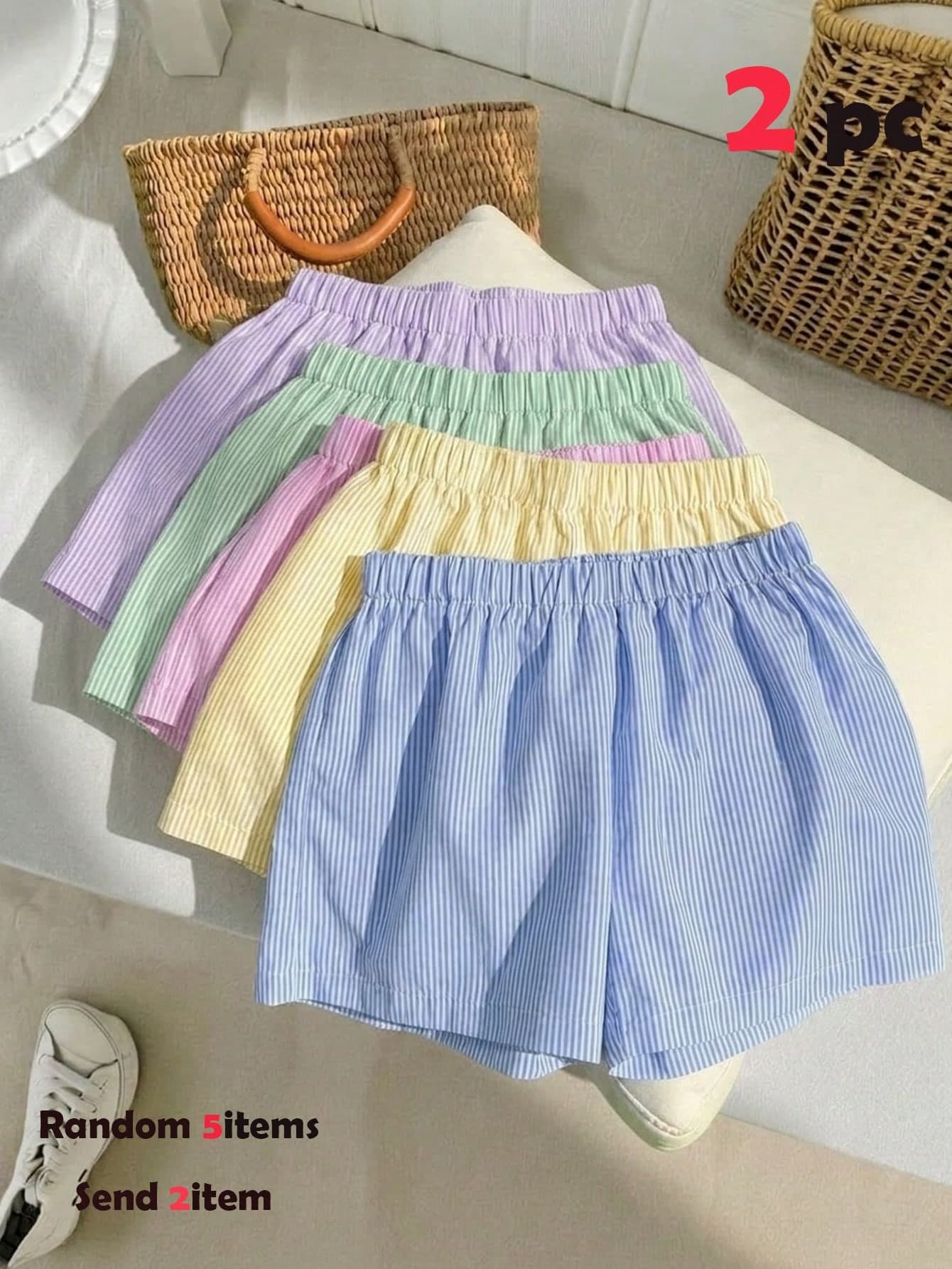 Tween Girl Tween Girl 2pcs/Set Casual Cute Street Woven Striped Straight Leg Shorts Holiday Blue And White Striped White Summer