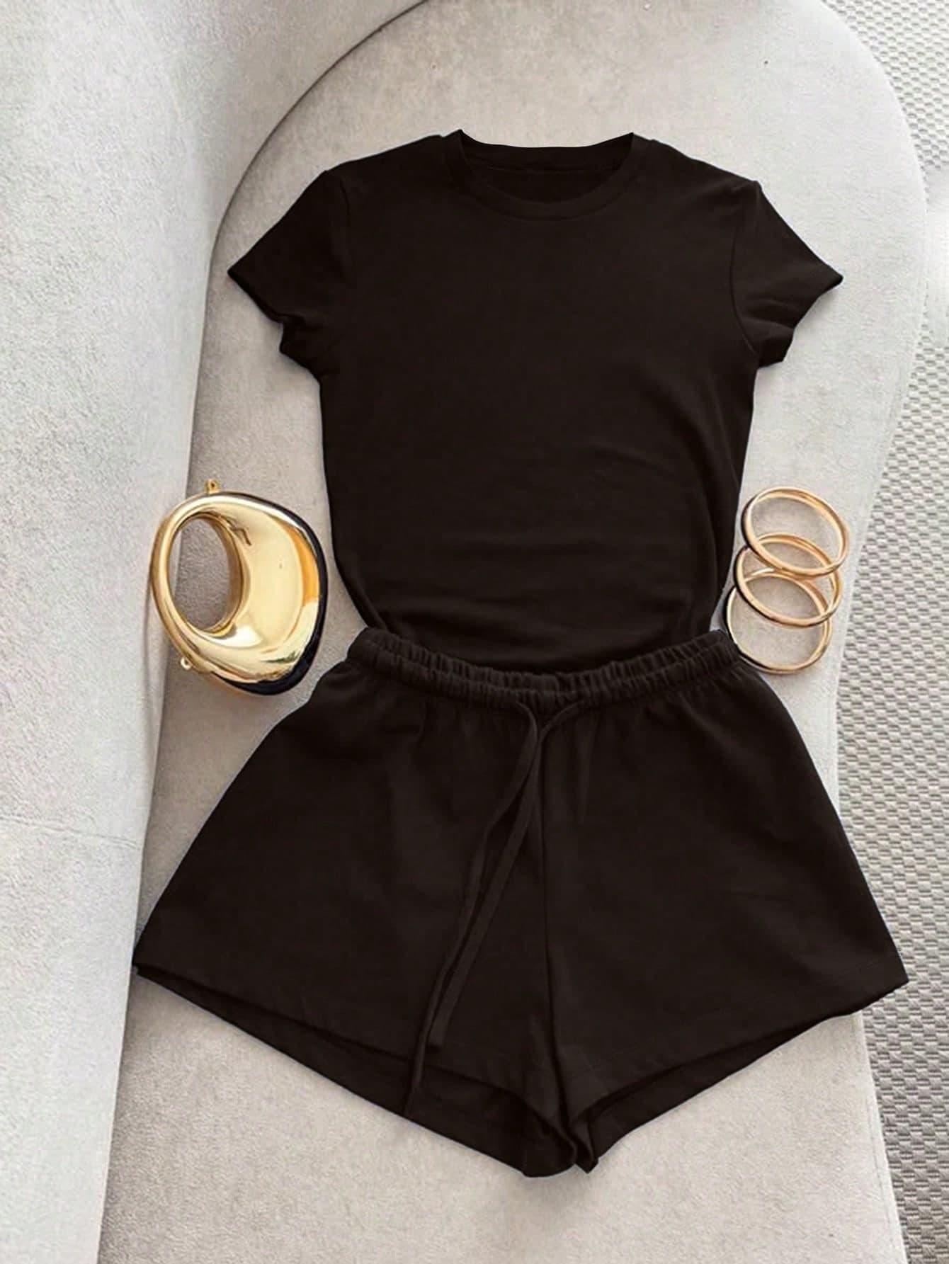Resyla Women's Solid Color Round Neck Short Sleeve T-Shirt And Shorts Casual Two Pieces Set