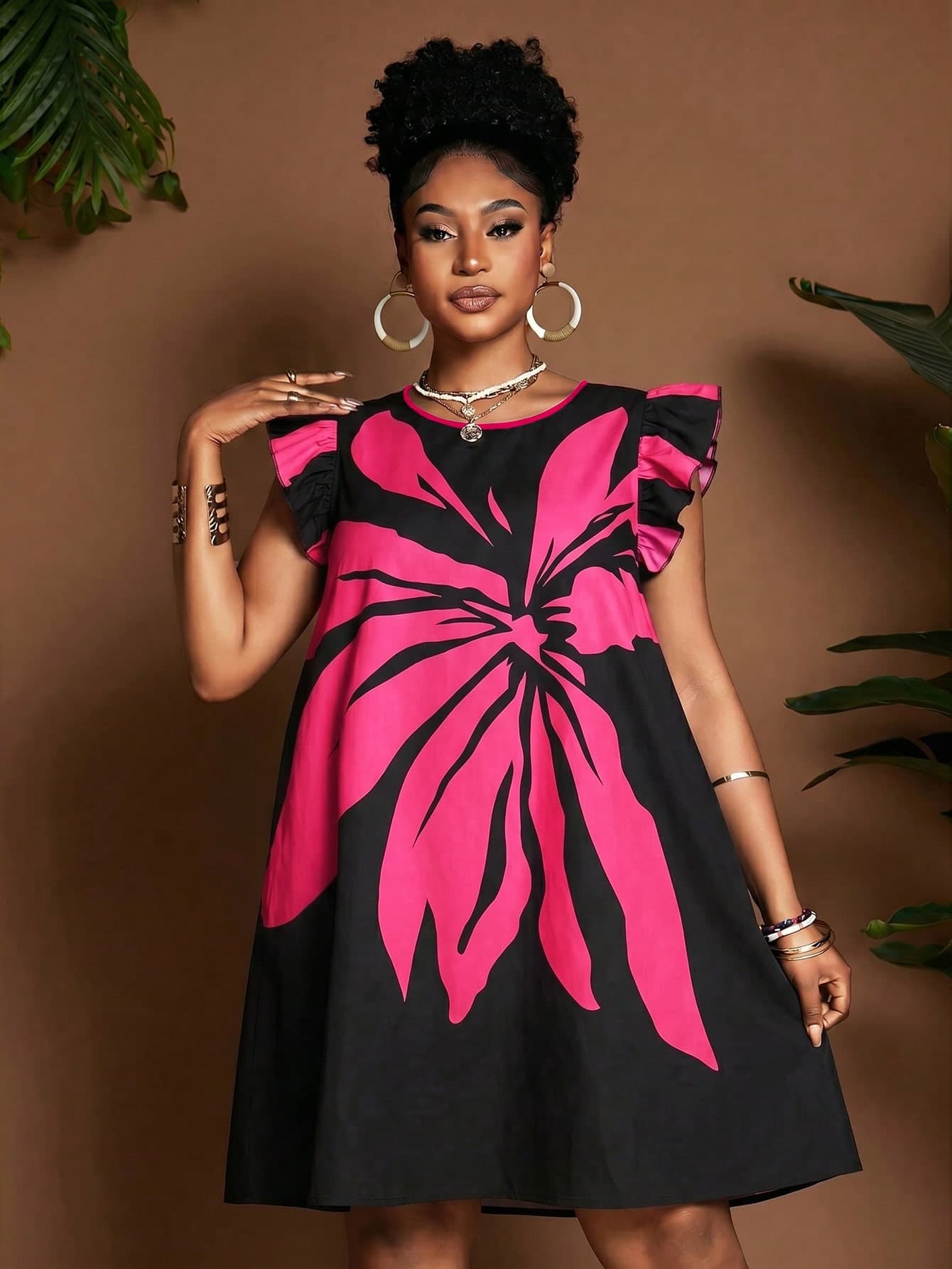 Maweii Women's Spring/Summer Black Cartoon Print A-Line Round Neck Flutter Sleeve Vacation Casual Minimalist Daily Wear Outfit New Essential Niche Dress