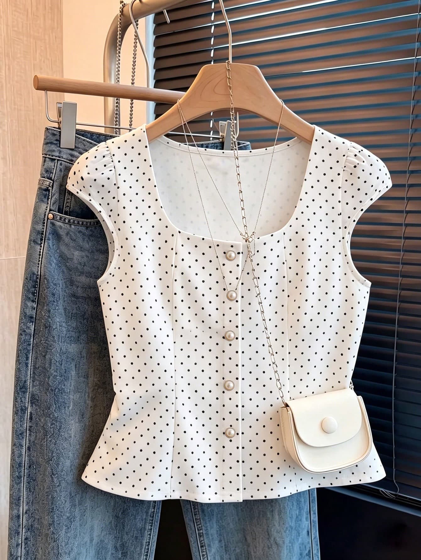 Franclia Elegant Retro Polka Dot Pearl Decor Summer Short Sleeve Top White Blouse Exquisite Women's Shirt Women's Sportswear Series Women's Summer Cute New Top New Arrival Summer Women's Casual Top Elegant Women's Top