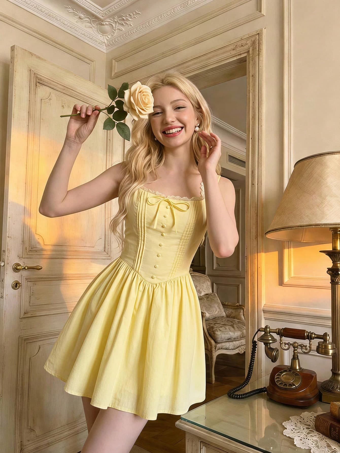 SHEIN MOD Women's Comfortable Yellow Mini Dress,Pleated Bodice, Front Buttons,Cottagecore,Vacation, Country Style,Beach,Tea Party,Garden Party,Retro,Prom,Summer