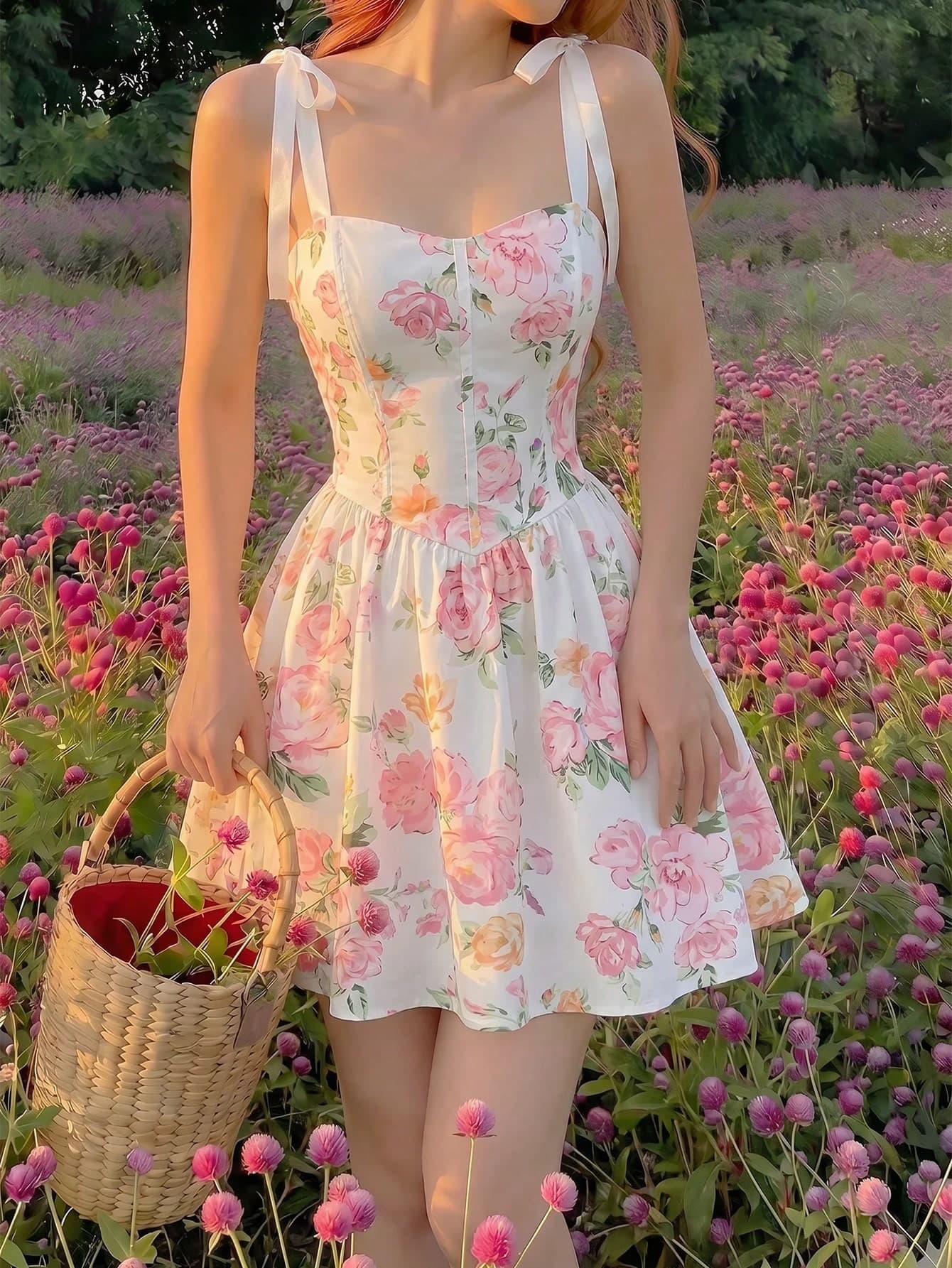 SHEIN MOD Women's Floral Print Twist Front Casual Cottage Core Mini Dress Vacation White And Pink Summer