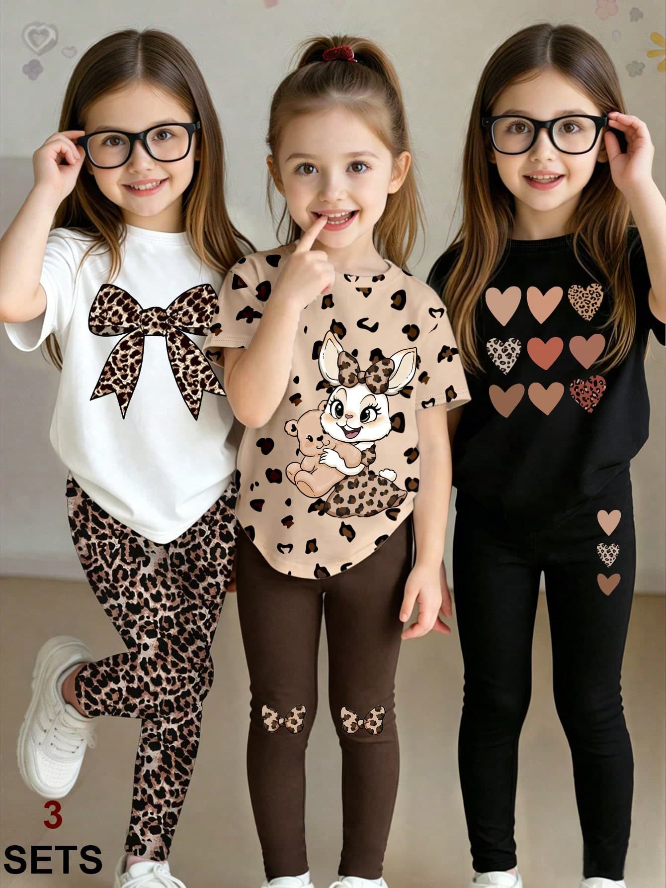 3Set Girls Cute Leopard,Heart,Butterfly,Cartoon Rabbit & Bear Print T-Shirt And Leggings Outfits,Summer School Back-To-School Fashionable Wear