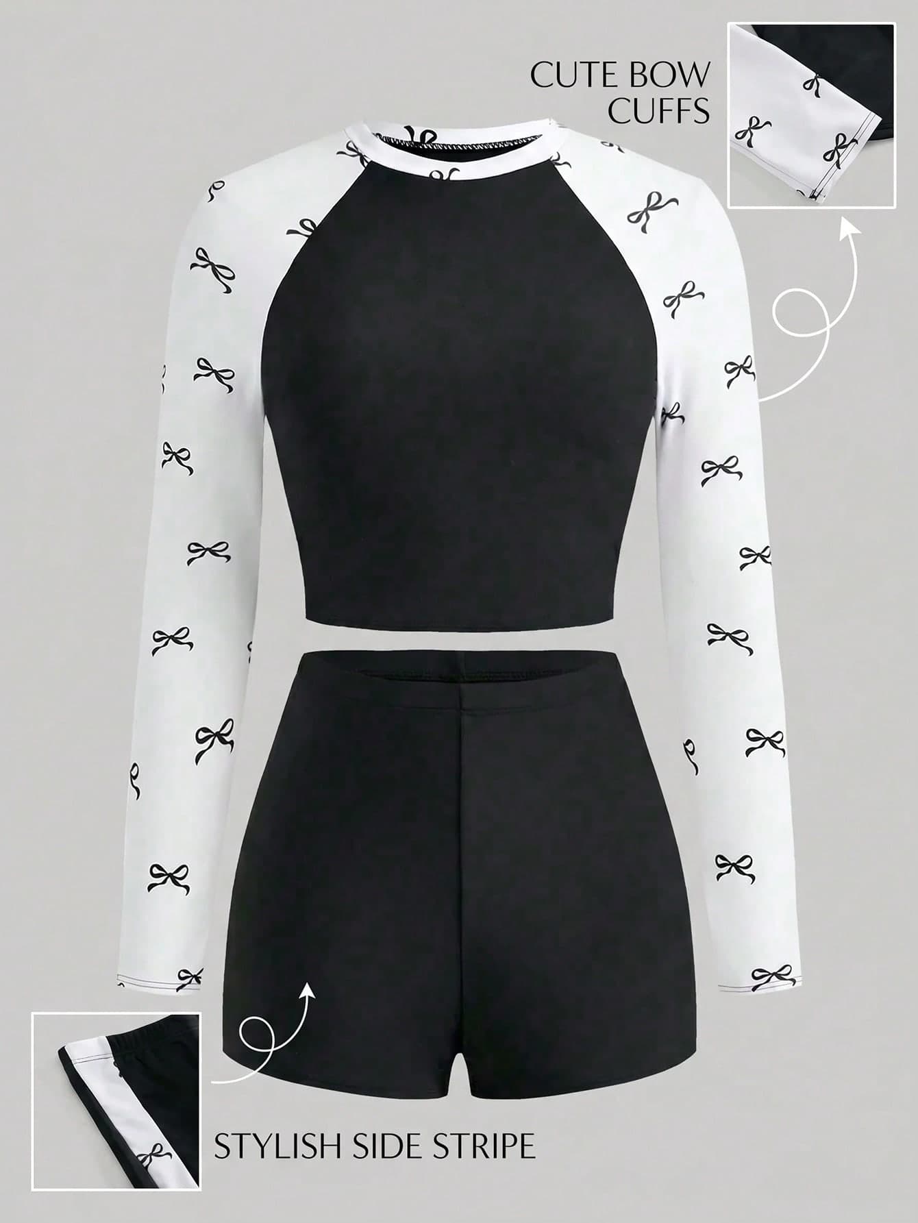 SHEIN Girlism Kids Teen Girls Summer Black Bow-Print Color-Blocked Long-Sleeved Surfing Suit Set, Beach Swimsuit Set, Suitable For Beach Vacations And Surfing.