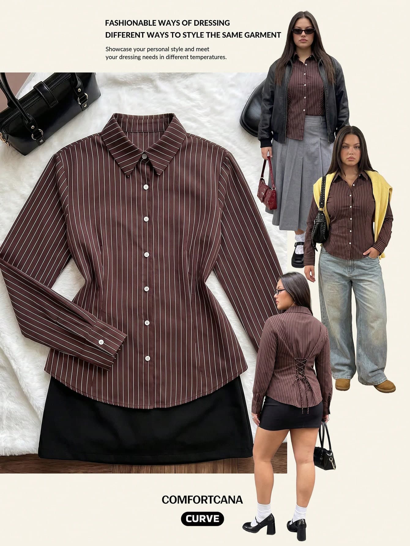 Comfortcana Plus Size Women's Summer/ Brown Long Sleeve Single-Breasted Shirt Teachers' Day Formal Office Formal Elegant