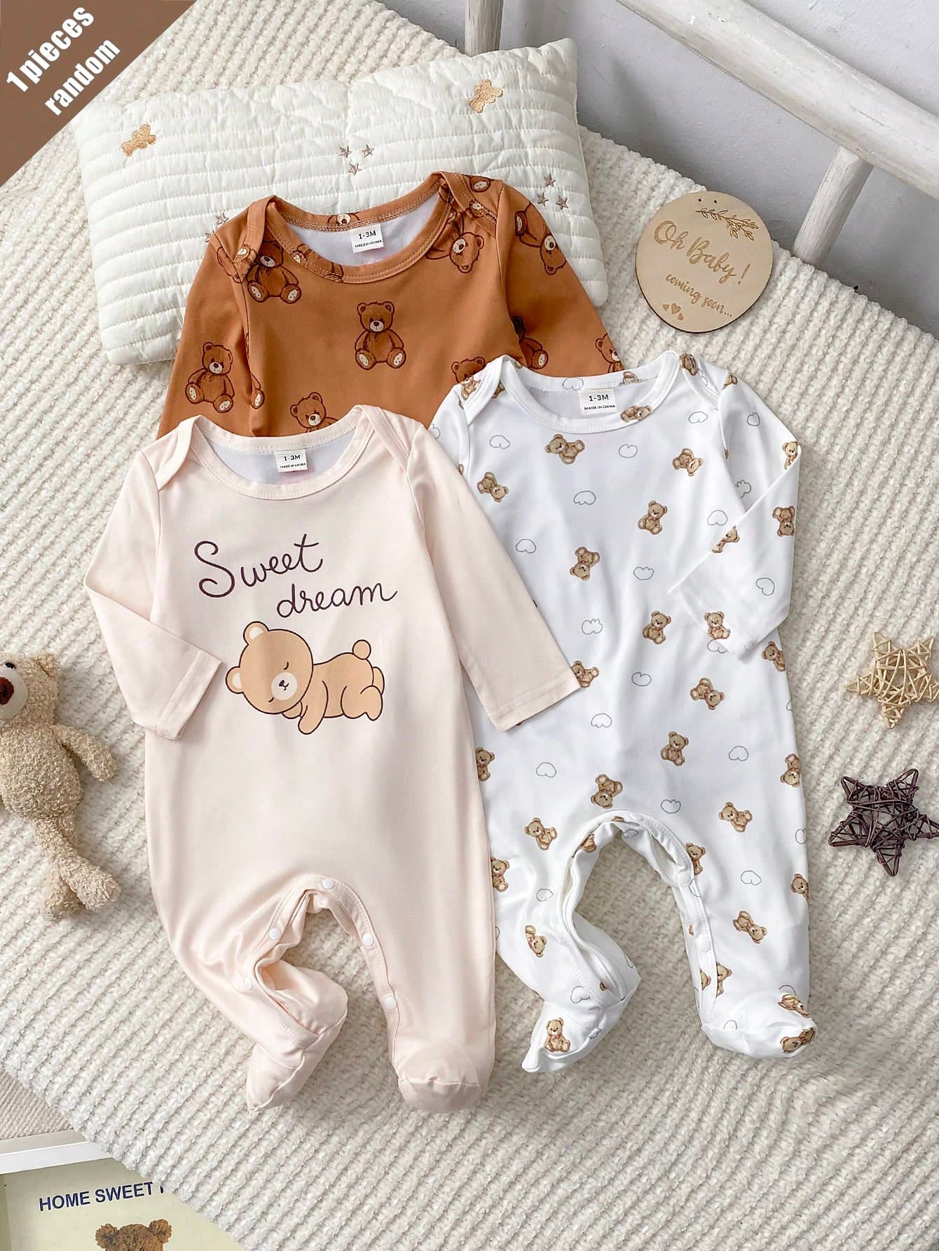SHEIN Playful Pals [1pc Randomly Sent]Spring/Summer Knitted Round Neck Long Sleeve Long Pants Jumpsuit With Footies, Cute Bear Cartoon Digital Print Design, Unique Pattern, Casual Versatile Fashion, Best Choice For Home Wear