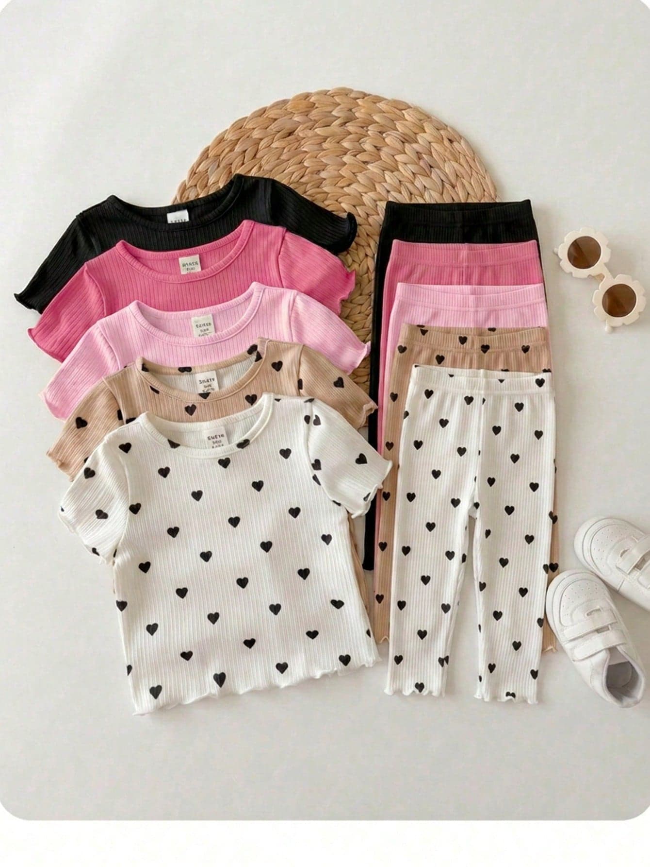 5-Piece Set Of Solid Color Heart Pattern Knitted Casual T-Shirts For Baby Girls (Multiple Pieces)