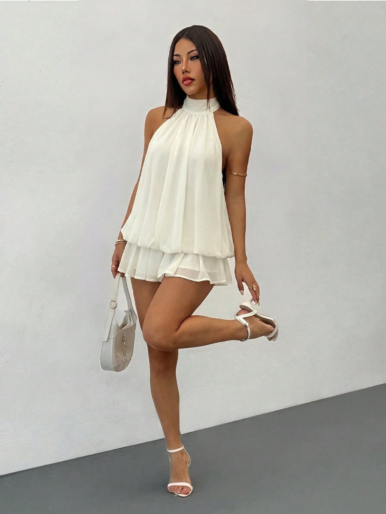 SHEIN PETITE Elegant Sleeveless Tie-Neck Mini Dress In Pale Yellow, Suitable For Party, Date, Autumn/Winter And Spring/Summer ,Petite Women