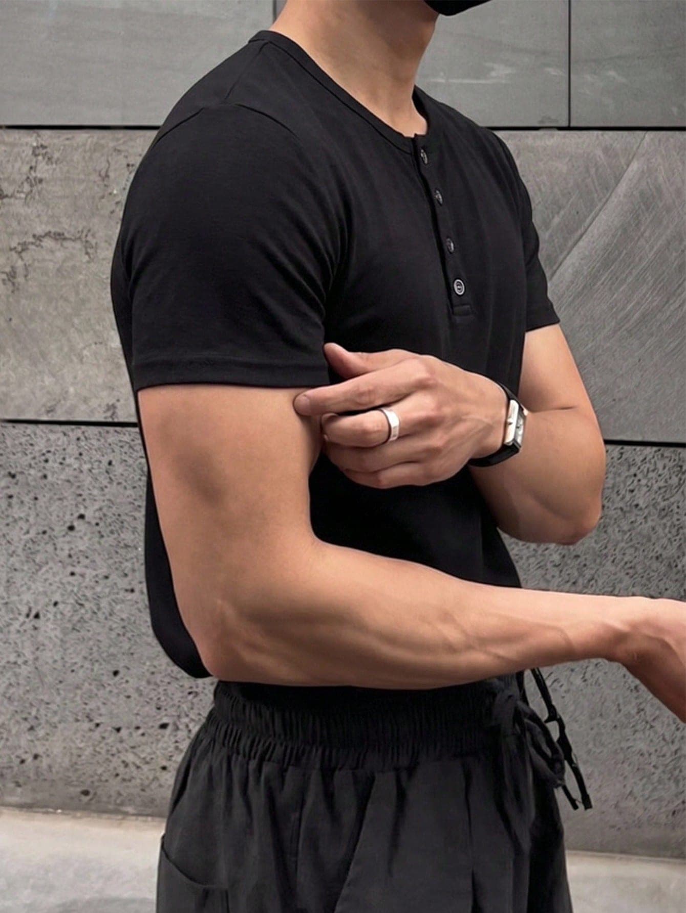 DAZY Slim Fit Black Elastic Fabric Half-Zip Men's T-Shirt Summer