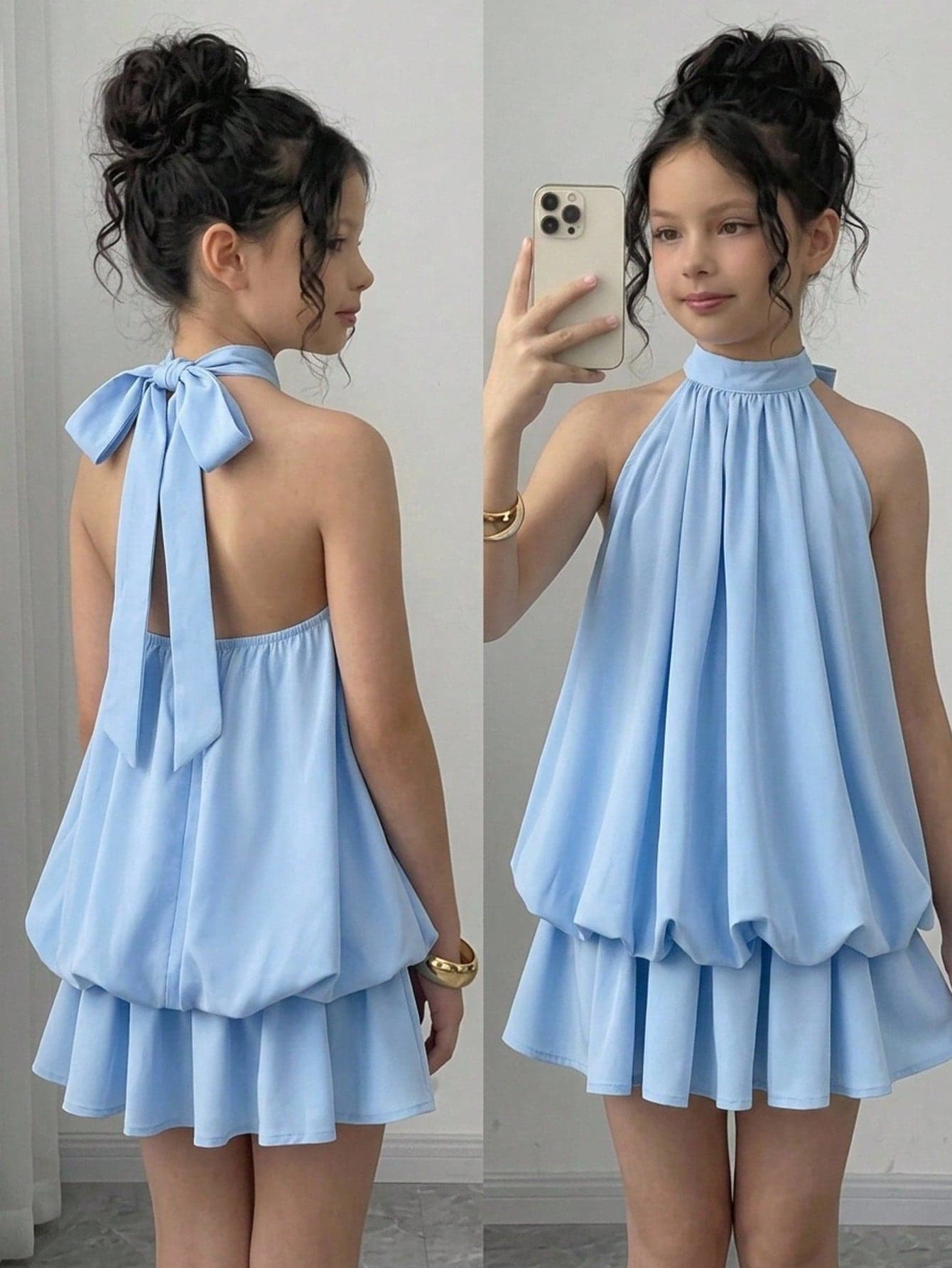Firerie Kids Tween Girl Tween Girls Summer Squishy Blue Halter Neck Princess Dress, Versatile For Formal Occasions, Outings, Vacation, Streetwear, Suitable For Any Occasion, Sister Outfits, Parent-Child Outfits, Cute Girls' Outfit