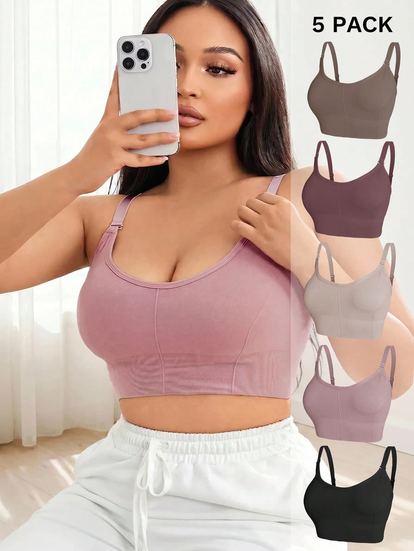SHEIN 5pcs Plus Size Women Comfort Wire-Free Solid Color Bras