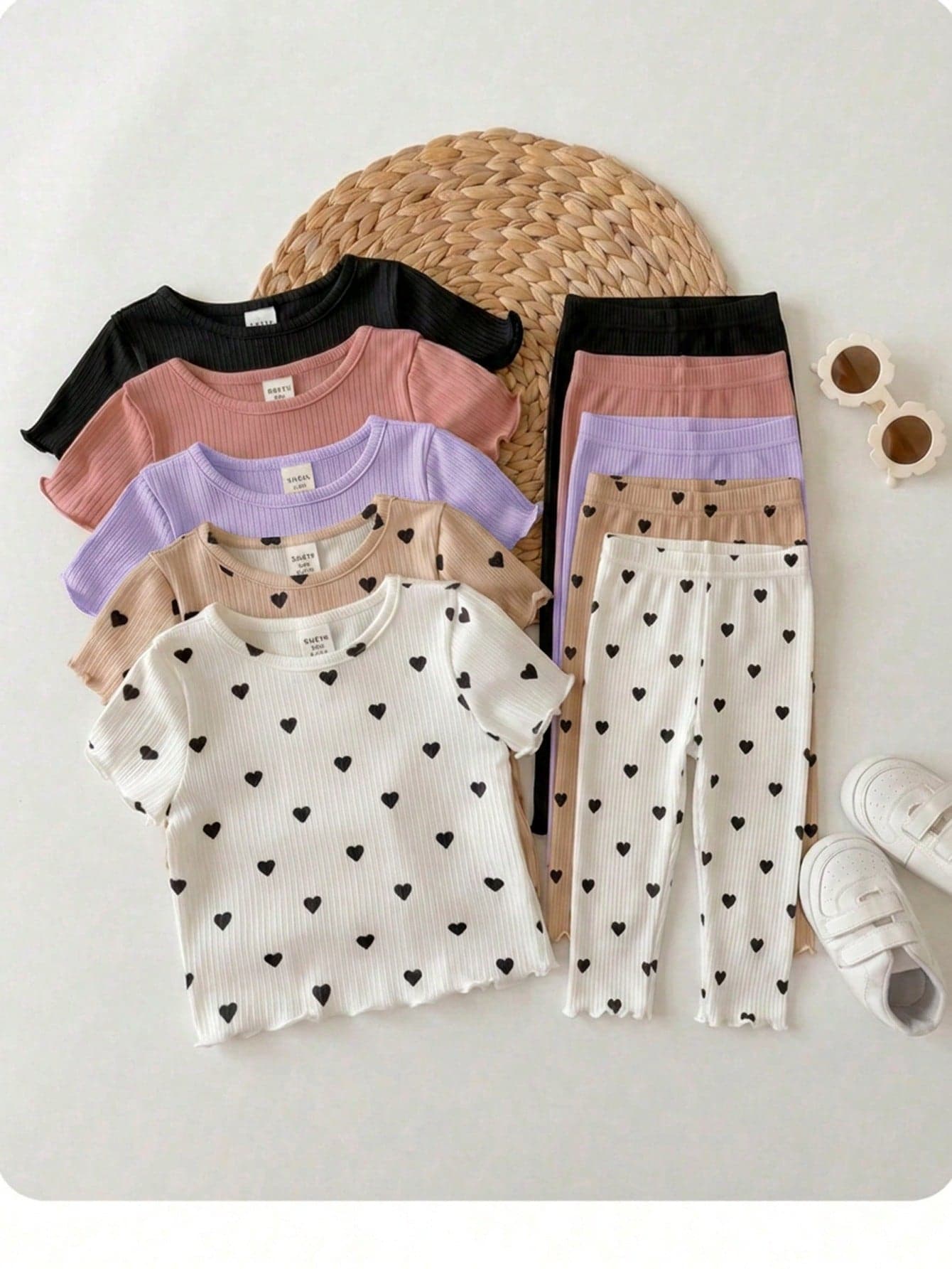 5-Piece Set Of Solid Color Heart Pattern Knitted Casual T-Shirts For Baby Girls (Multiple Pieces)