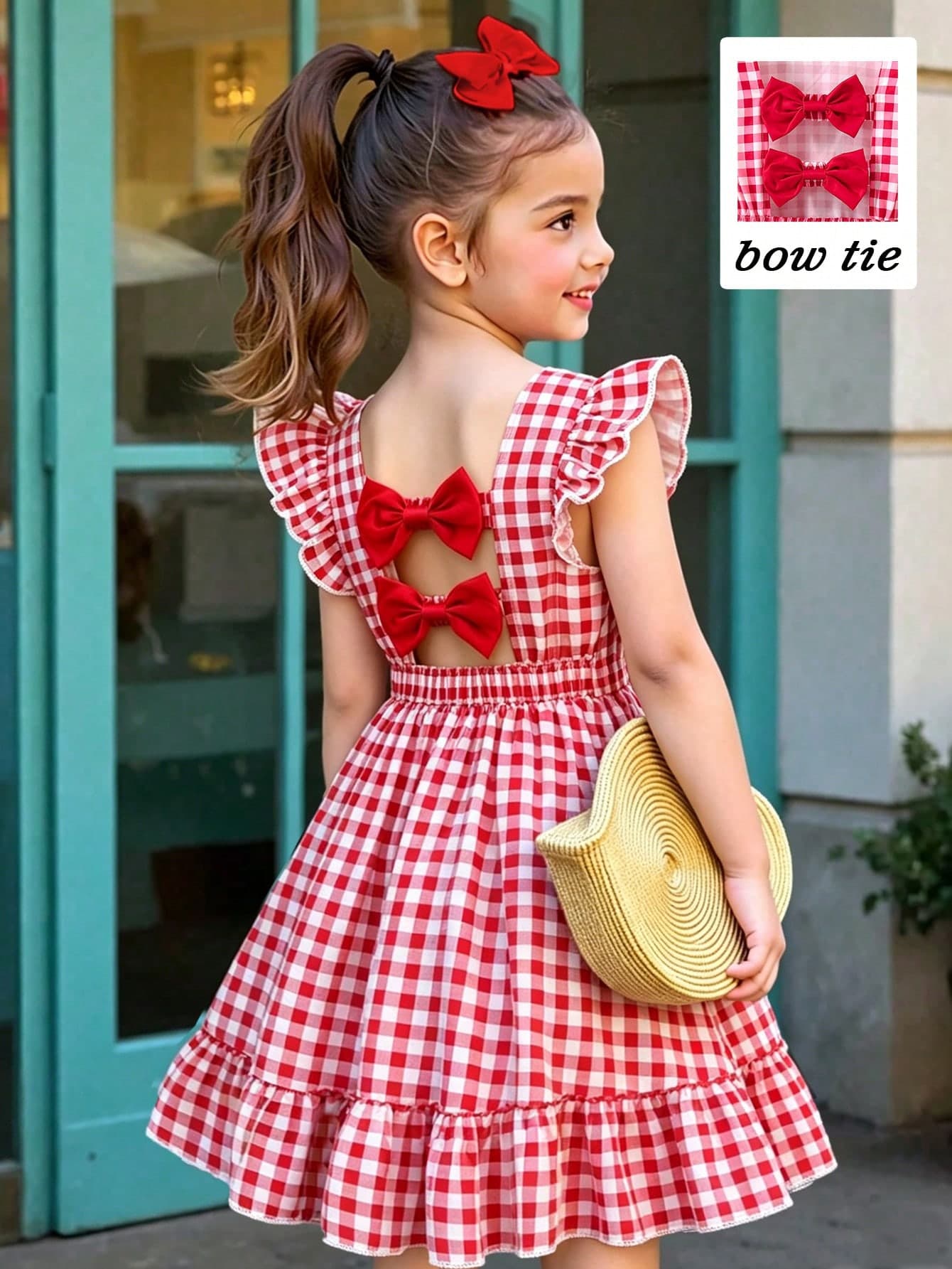 Elladie kids Girls' White Plaid New Style Dress, Woven Fabric Round Neck Short Flutter Sleeve Ruffle Design, Back Cut-Out Double Bow Decoration, Summer Wear