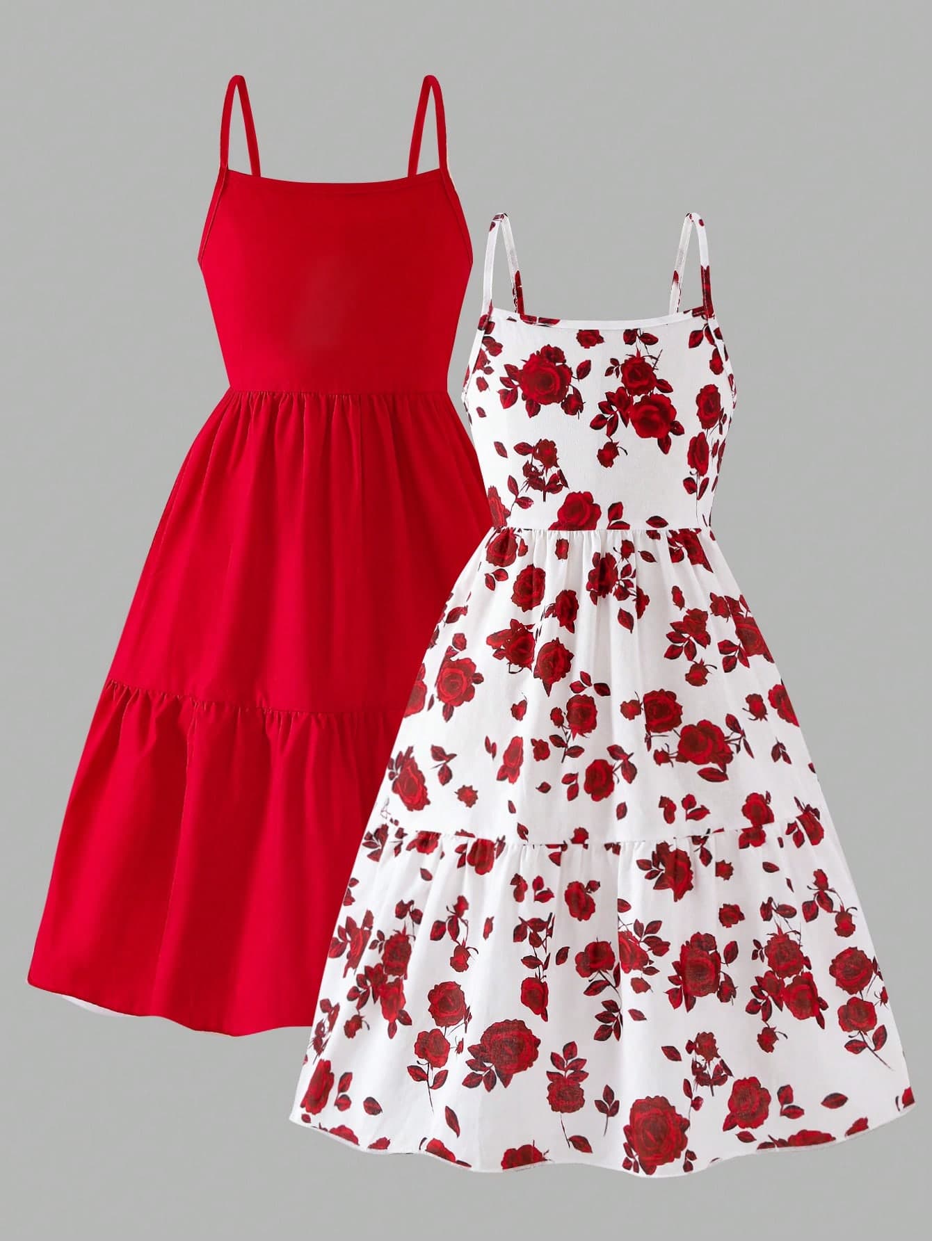 Girls' Summer Spaghetti Strap Dress, Casual Cute Versatile Minimalist Fashion Sweet Floral Print And Solid Red And White Color Combination Dress