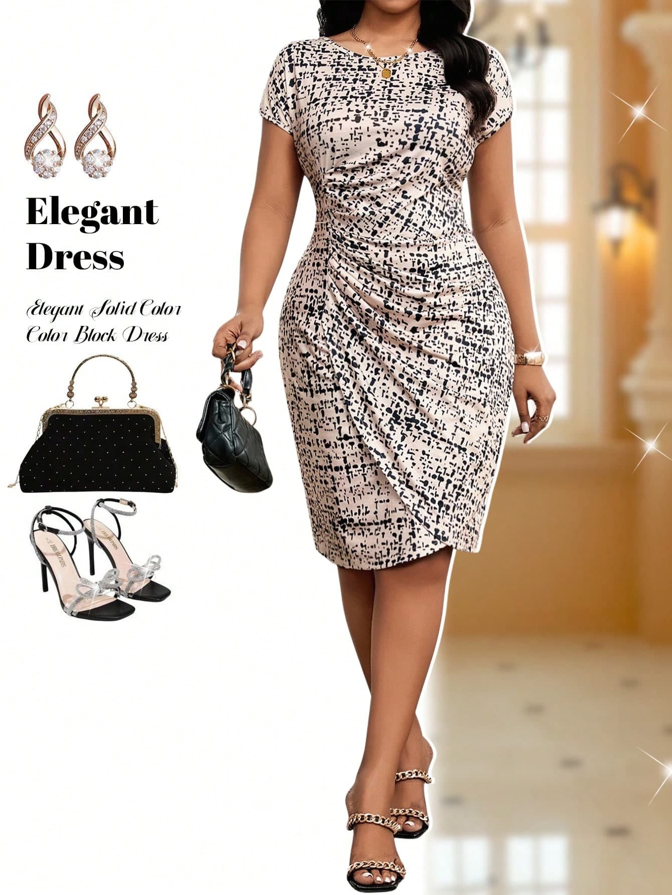Fleurora Plus Size Round Neck Short Sleeve Pleated Fitted Summer Dress Dresses For Women Work Office Outfits Elegant Women's Formal Wear