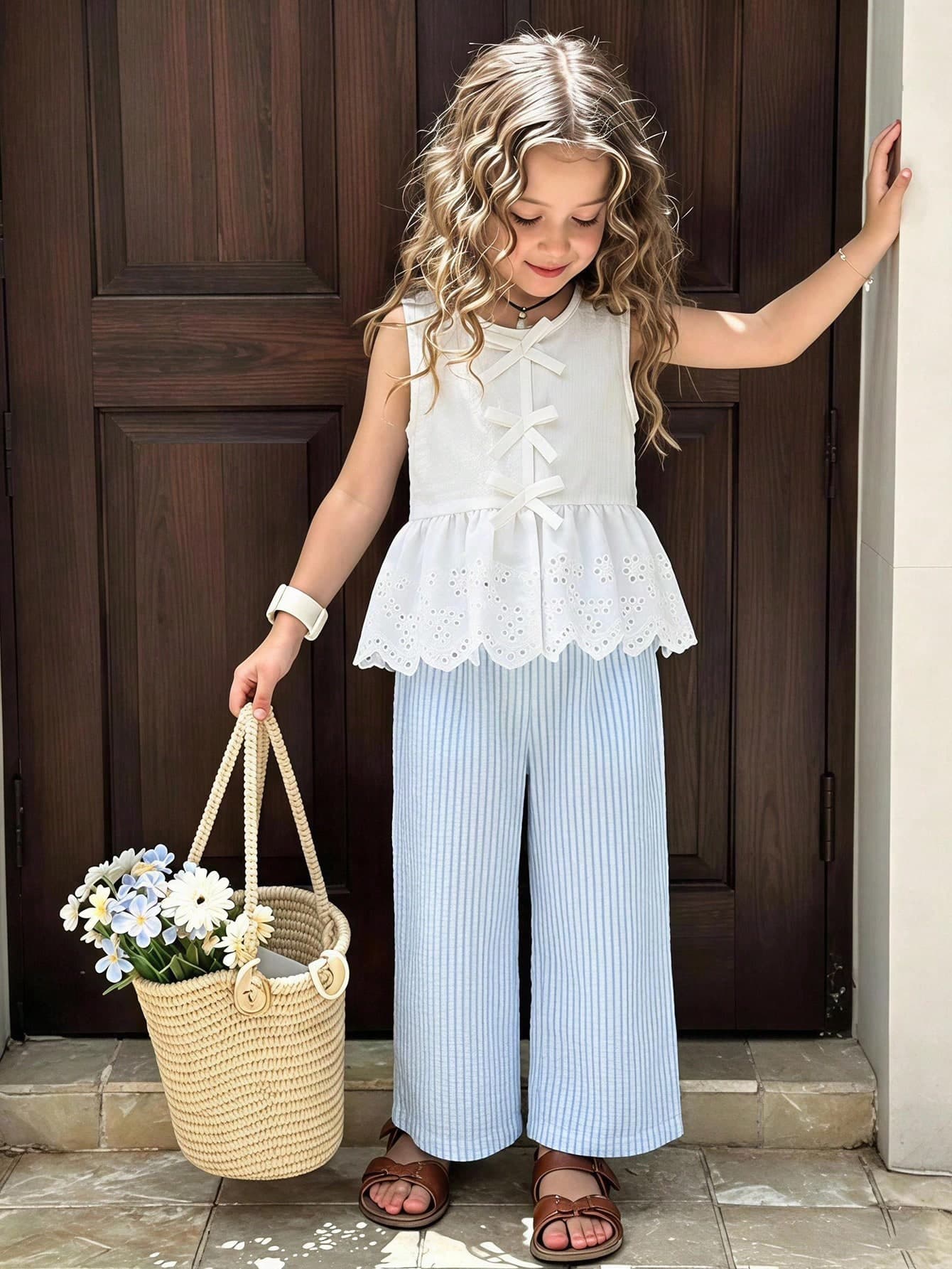 Elladie kids Girls Summer 2-Piece Set Blue Sleeveless Top + Wide Leg Pants Outfit, Girls Summer Outfit Essential! Refreshing On The Body, Fits The Child's Delicate Skin. Sleeveless Round Neck Top Is Simple And Elegant, With Hollow Embroidery Design On The Hem, Showing Off A Sweet Elegant; Wide Leg Pants Have A Loose And Flowing Fit, One Set Handles Daily School, Park Play And Other Multiple Scenarios