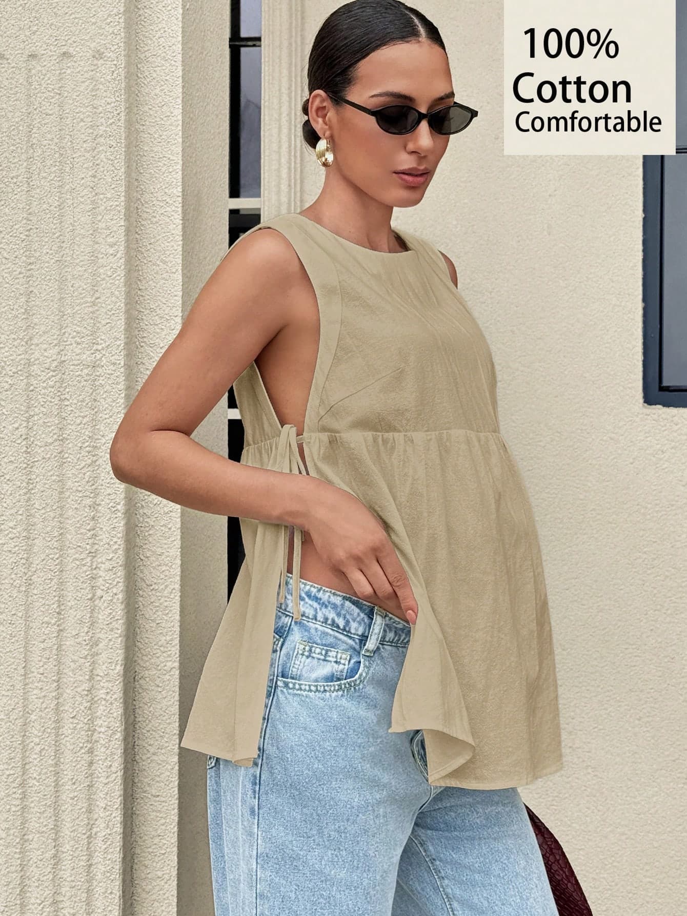 MaterniWear Maternity Vacation Solid Color Casual Pleated Tie-Up Round Neck Fashion Tank Top Maternity Photoshoot Summer