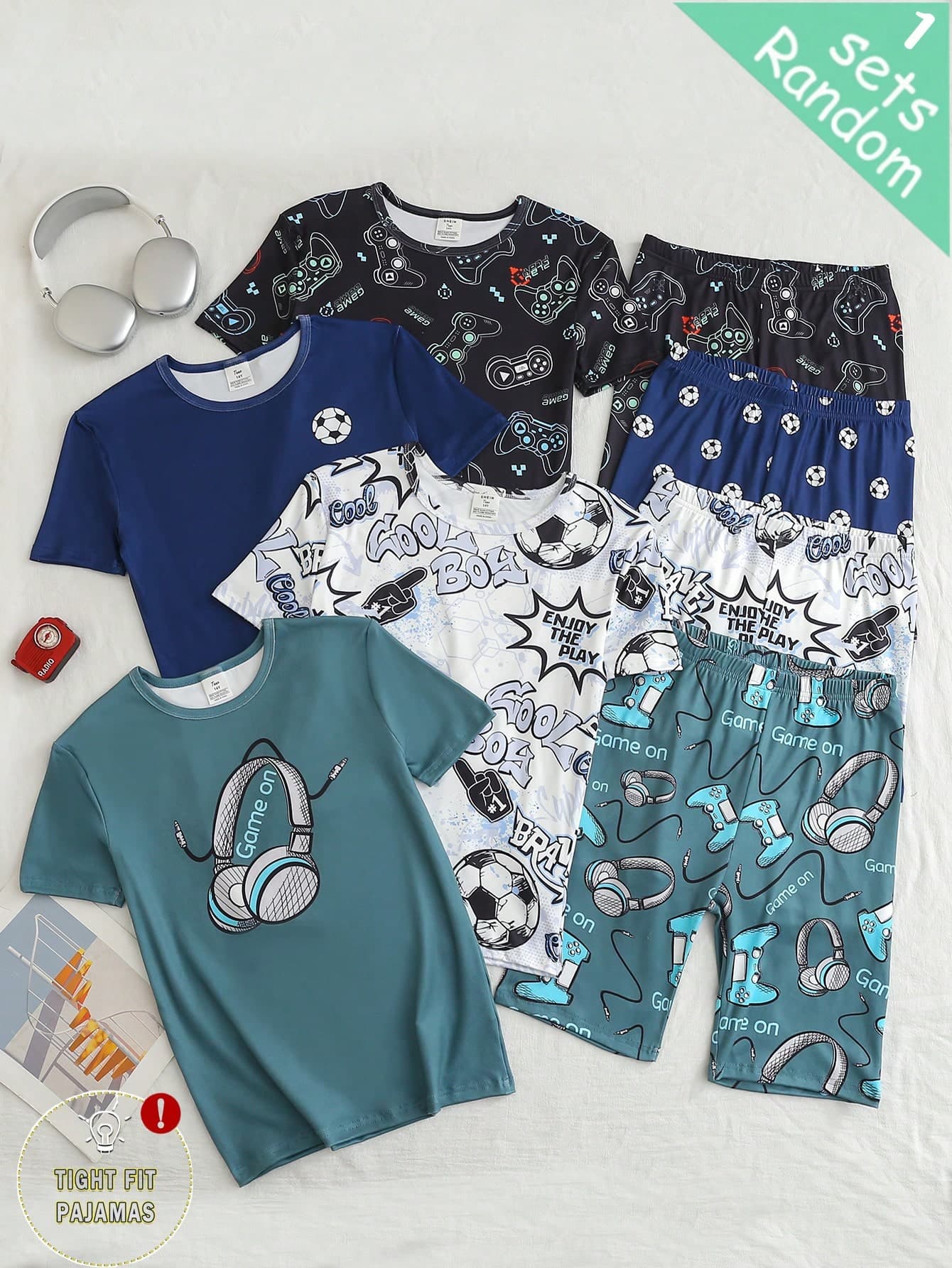 4pcs/Set Teenage Boys' Football & Game Print Round Neck Short Sleeve Shorts Pajamas Comfortable Homewear Set