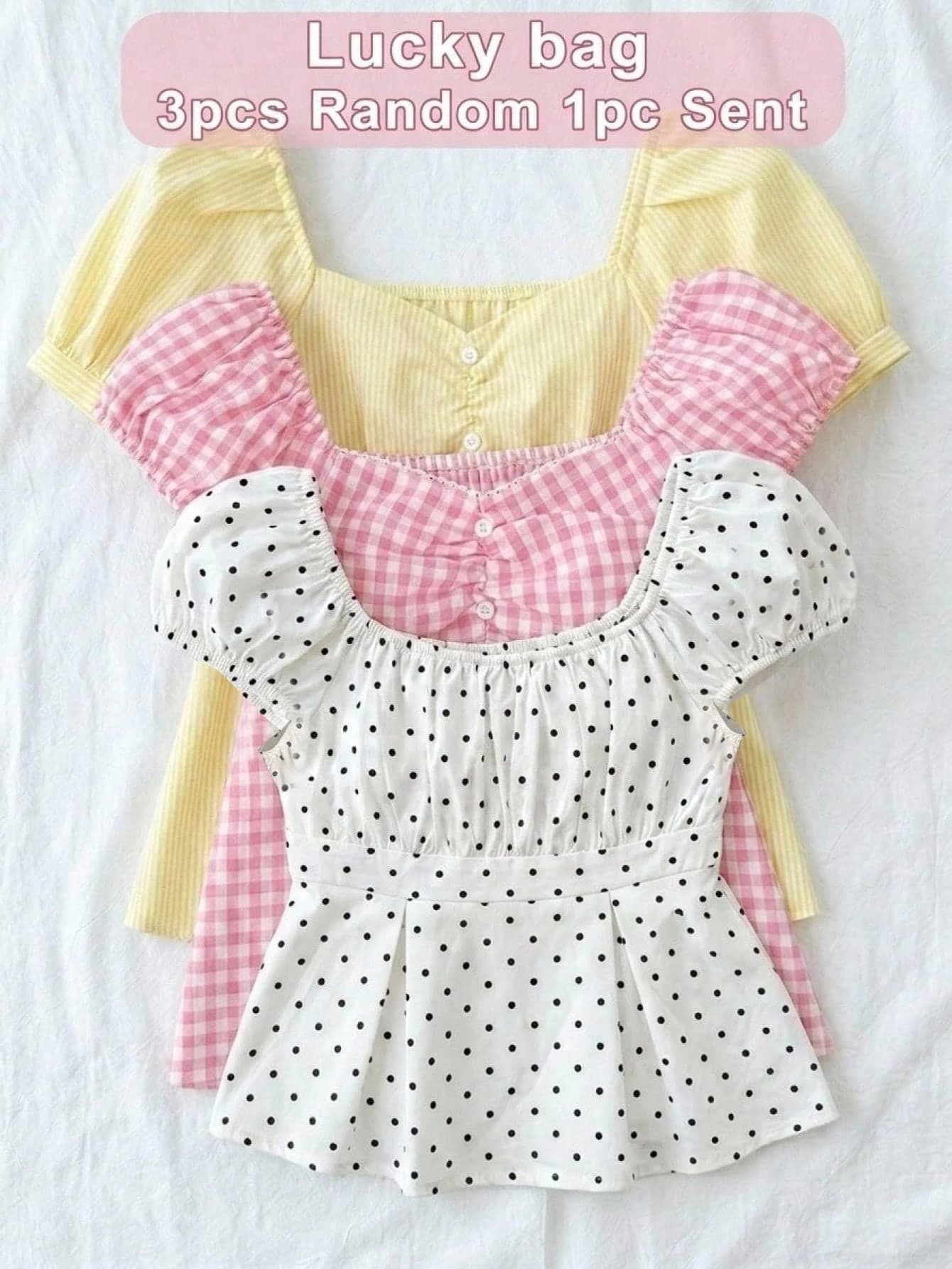 SHEIN Kids Tween Girl Lucky Bag:3pcs Random 1pcs Sent,White Polka Dot Summer Elegant Tea Party Ruffle Short Sleeve T-Shirt,Floral Crew Neck Top,School