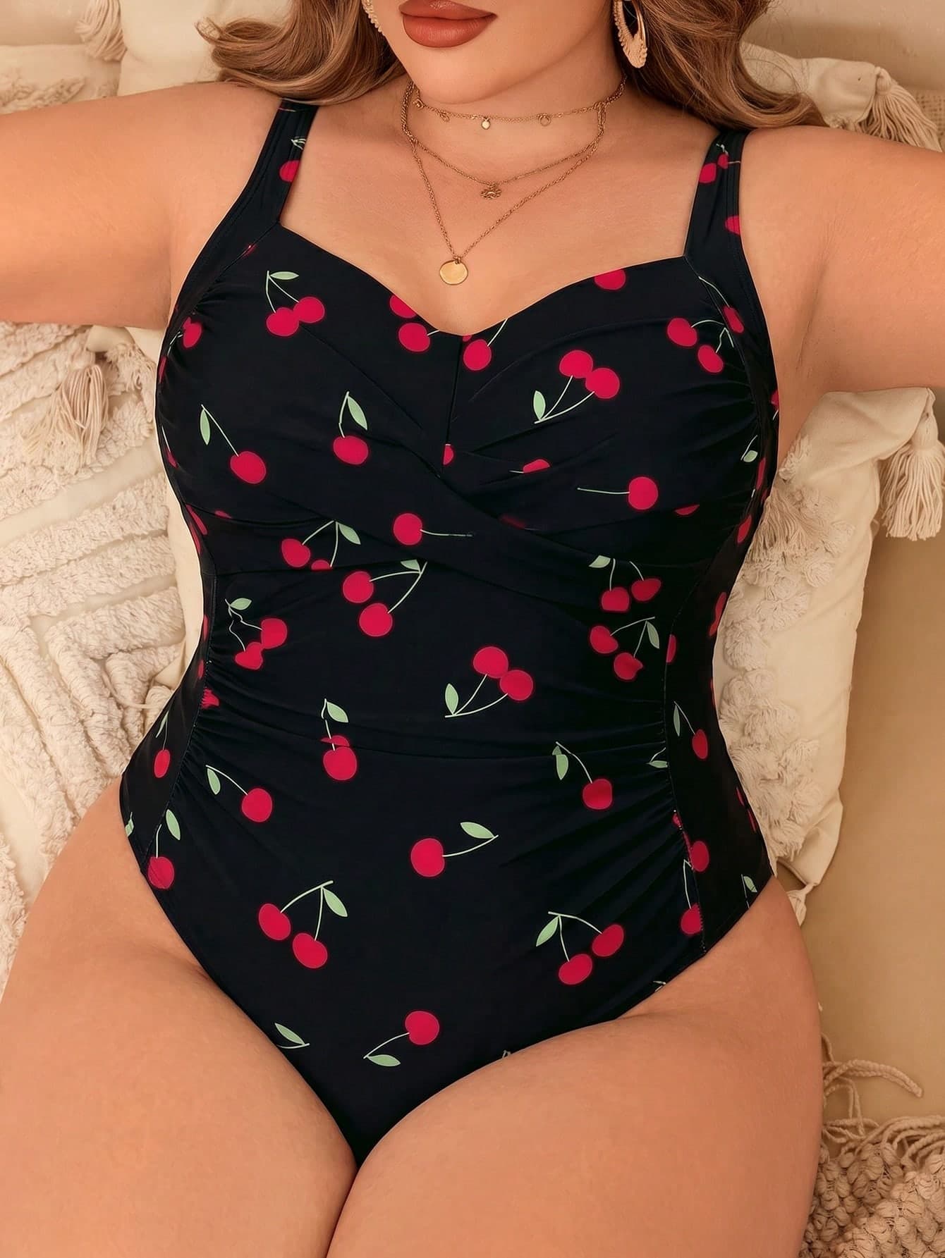 Swim Lushoire 2026 New Spring/Summer Plus Size Women's One-Piece Black With Random Red Cherry Print Spaghetti Strap Scoop Neck Push-Up Slim Fit Swimsuit Suitable For Summer Beach Vacation