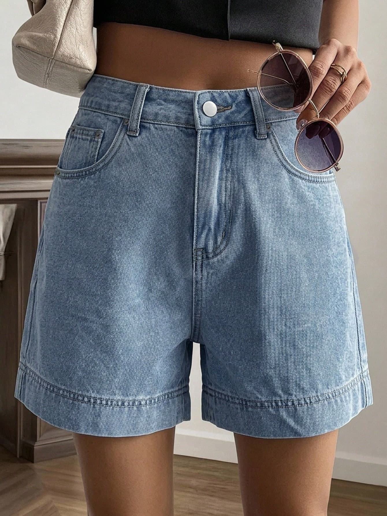 Livesso Women's High-Waist Blue Solid Color Washed Cotton Casual Loose Button Straight Leg Cuffed Denim Shorts, Summer & Autumn